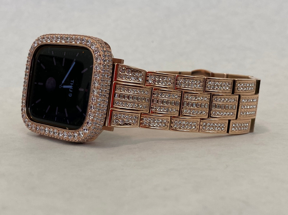 Rose Gold Apple Watch Band Stainless Steel Swarovski Crystals & or Apple Watch Case Lab Diamond Pave Bezel Cover 38mm-45mm Series 2-11