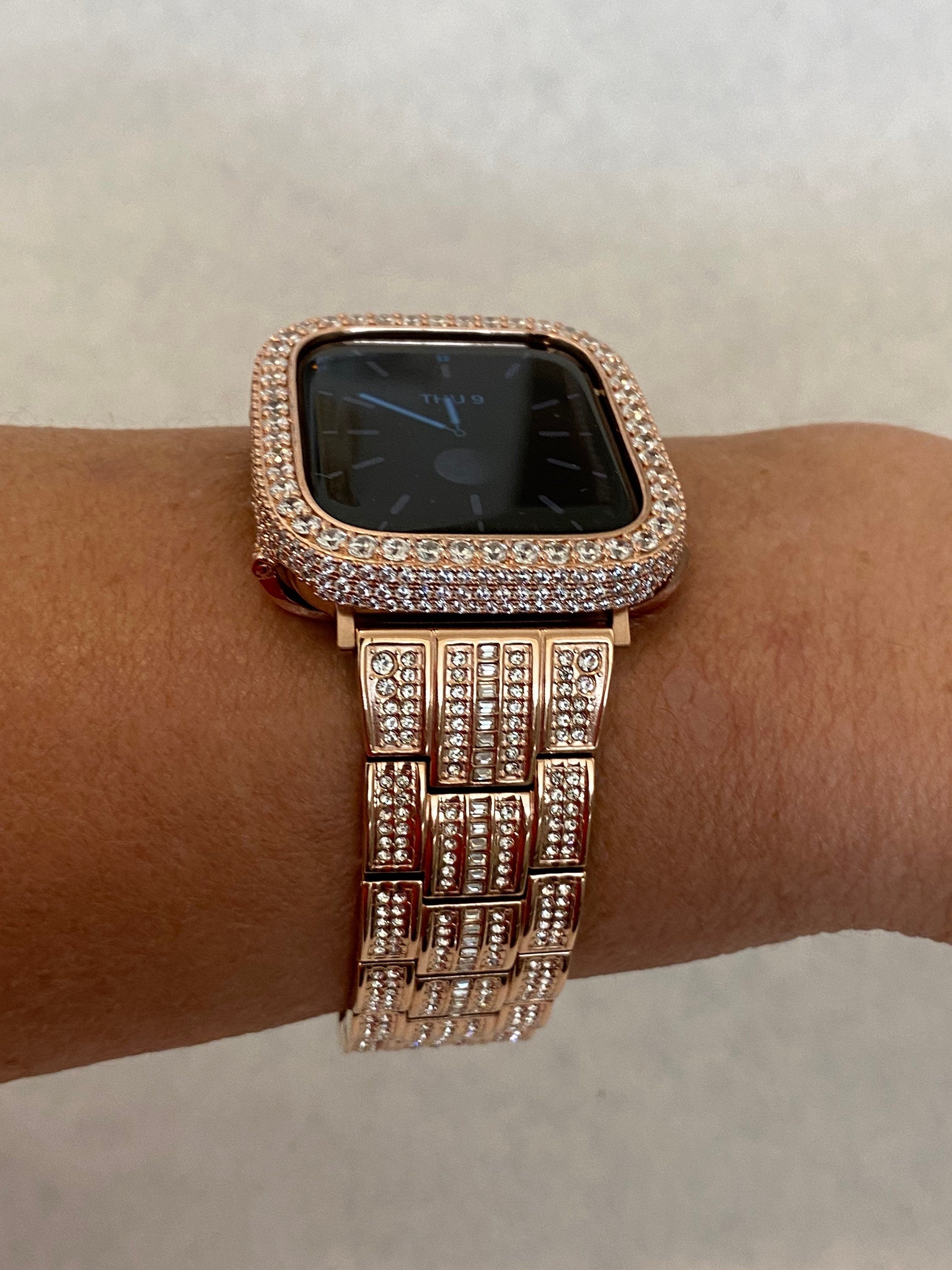 Rose Gold Apple Watch Band Stainless Steel Swarovski Crystals & or Apple Watch Case Lab Diamond Pave Bezel Cover 38mm-45mm Series 2-11
