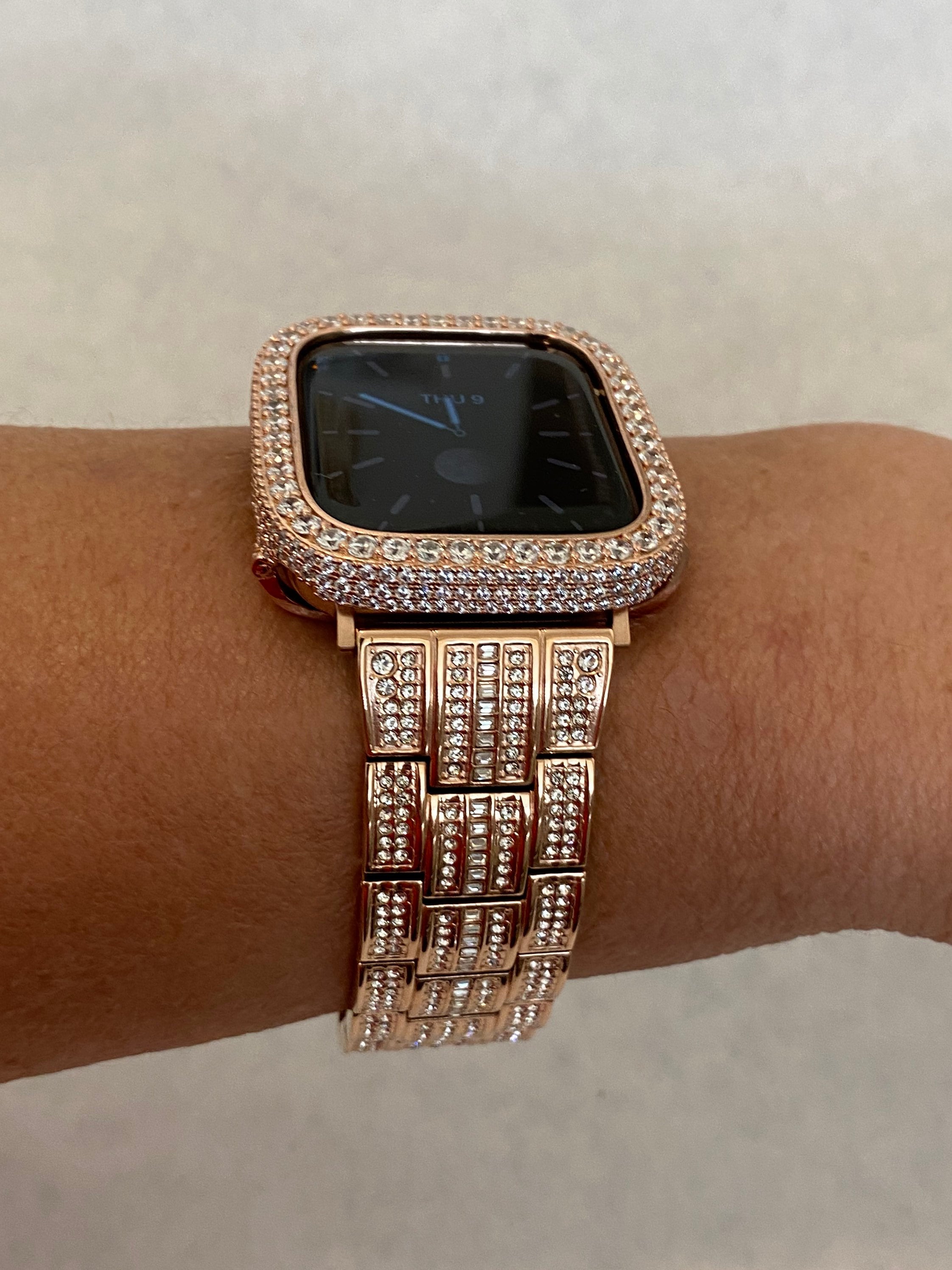 Rose Gold Apple Watch Band Stainless Steel Swarovski Crystals & or Apple Watch Case Lab Diamond Pave Bezel Cover 38mm-45mm Series 2-10