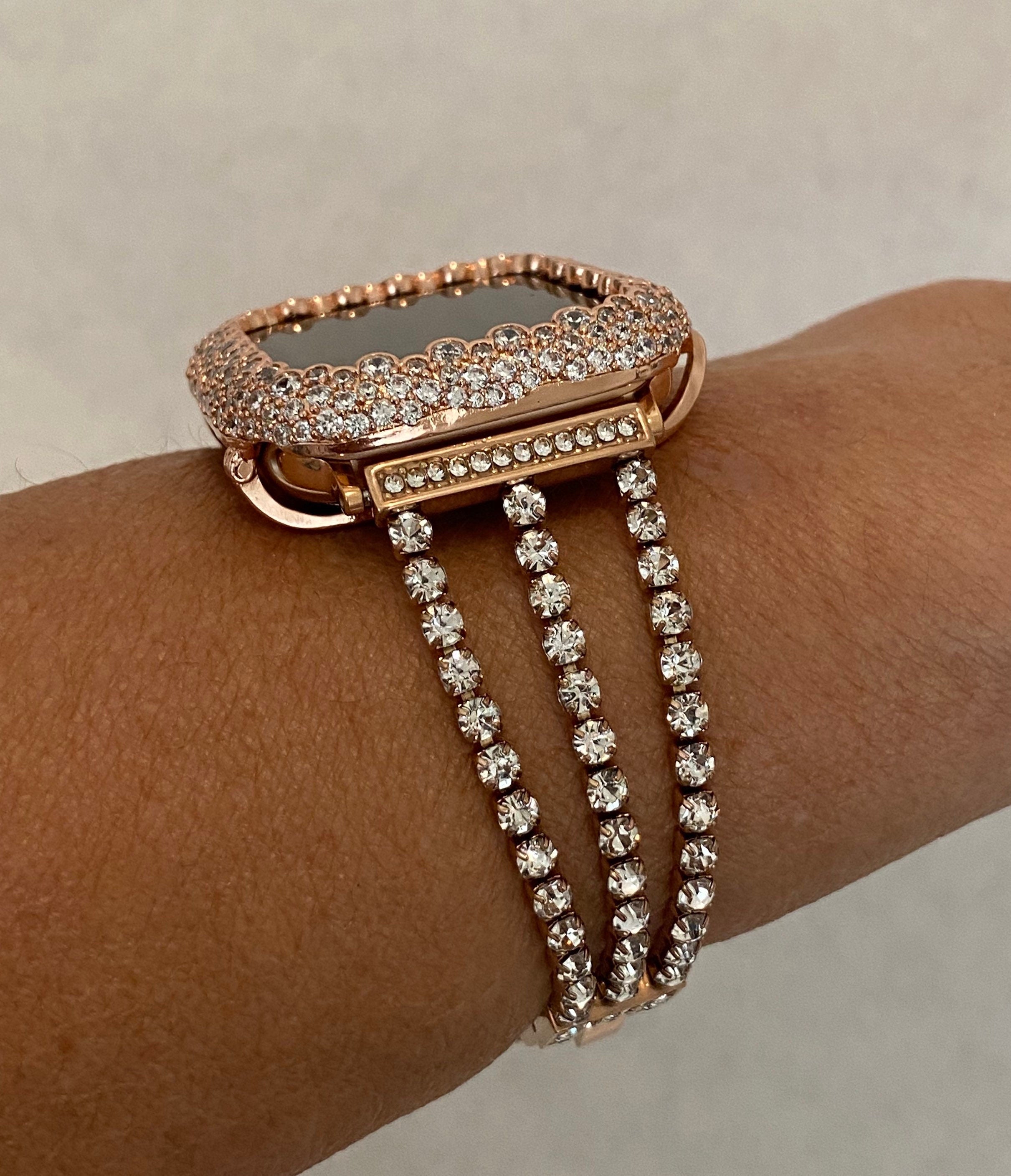 Rose Gold Apple Watch Band Bracelet Womens Swarovski Crystal & or Apple Watch Cover for Iphone Watch Lab Diamond Bezel 38mm-49mm Ultra Bling
