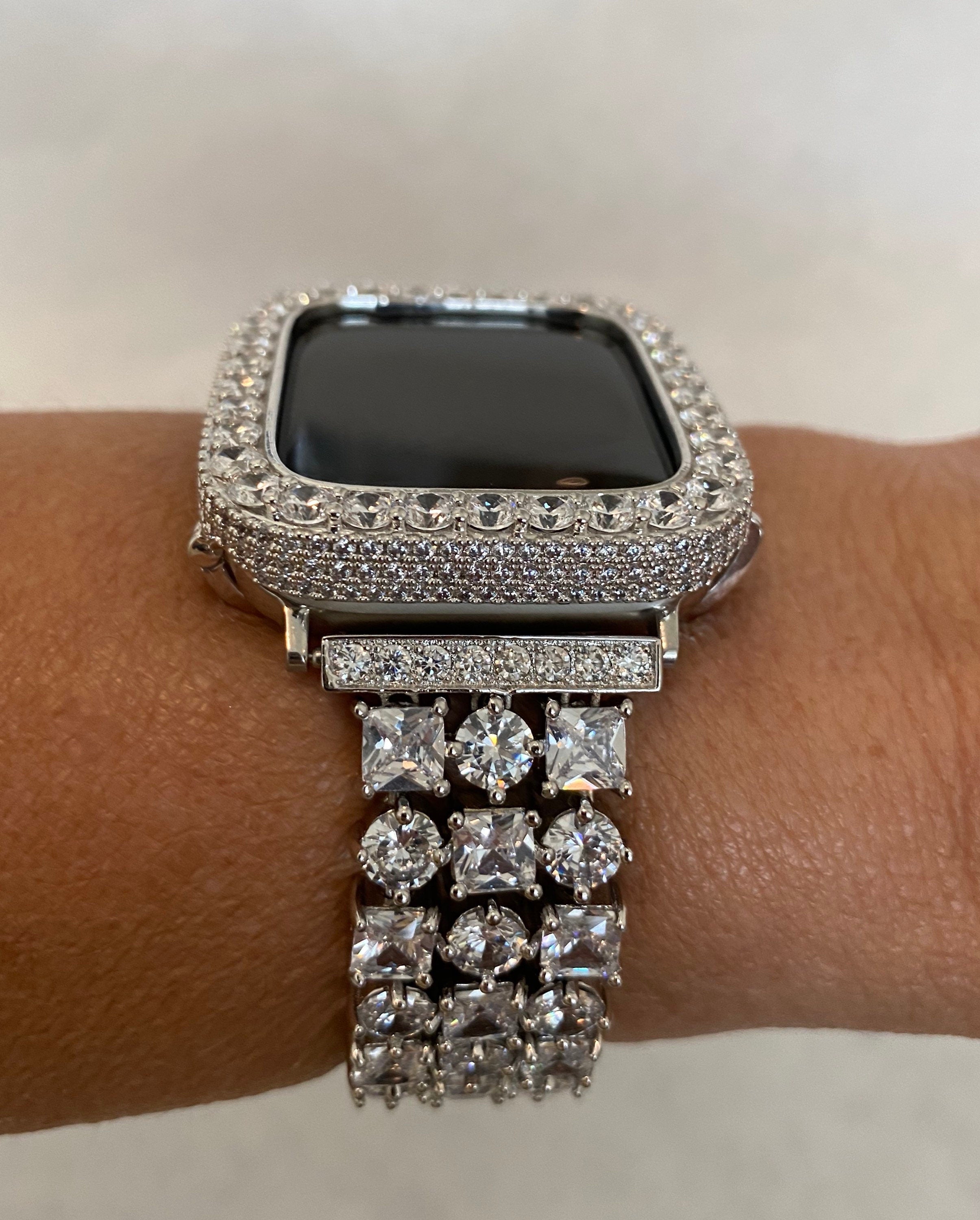 Series 2-9 Apple Watch Band Silver Swarovski Crystals & or Apple Watch Cover Lab Diamond Bezel Cover 38mm 40mm 41mm 42mm 44mm 45mm