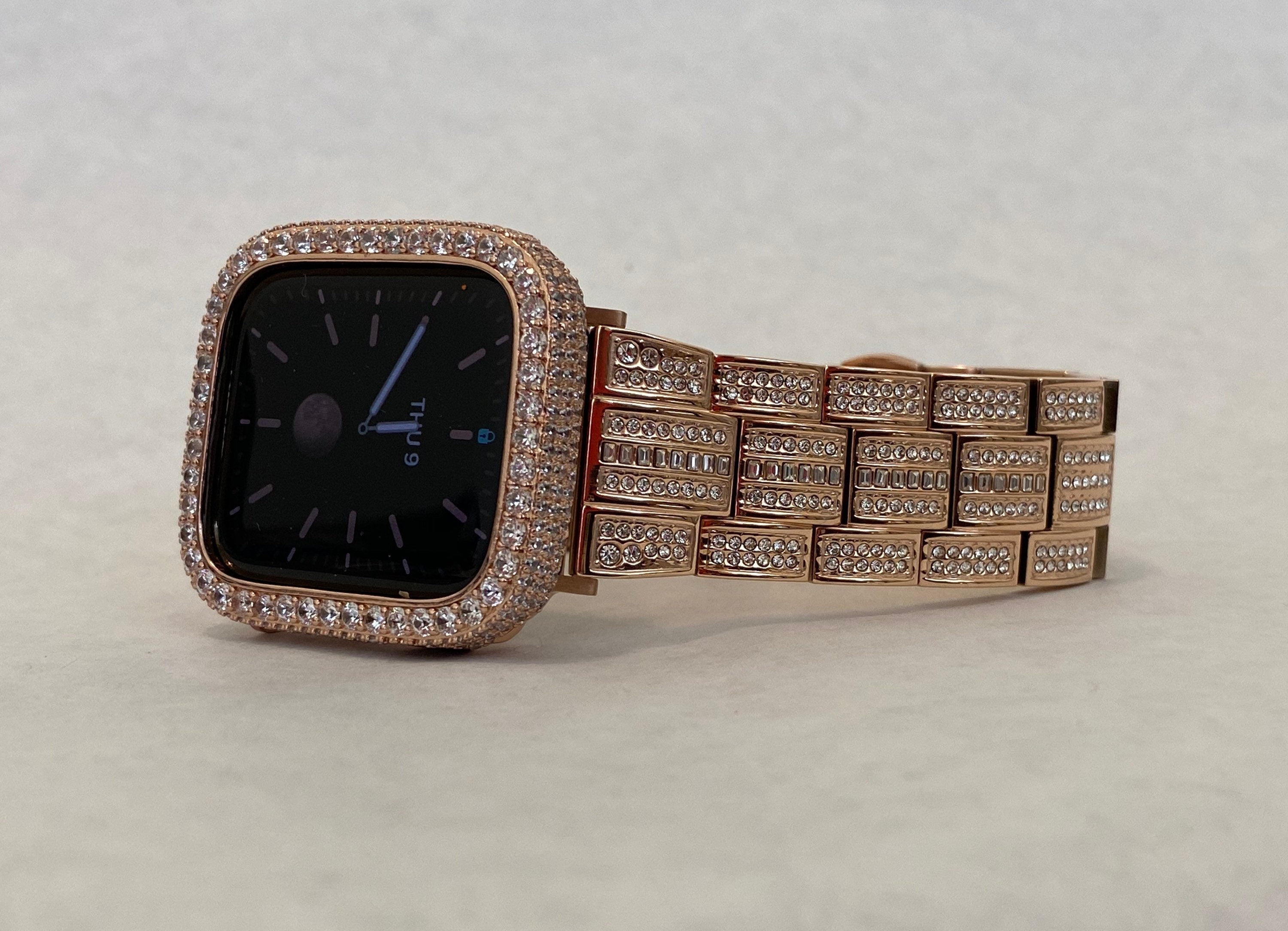 Rose Gold Apple Watch Band Stainless Steel Swarovski Crystals & or Apple Watch Case Lab Diamond Pave Bezel Cover 38mm-45mm Series 2-11