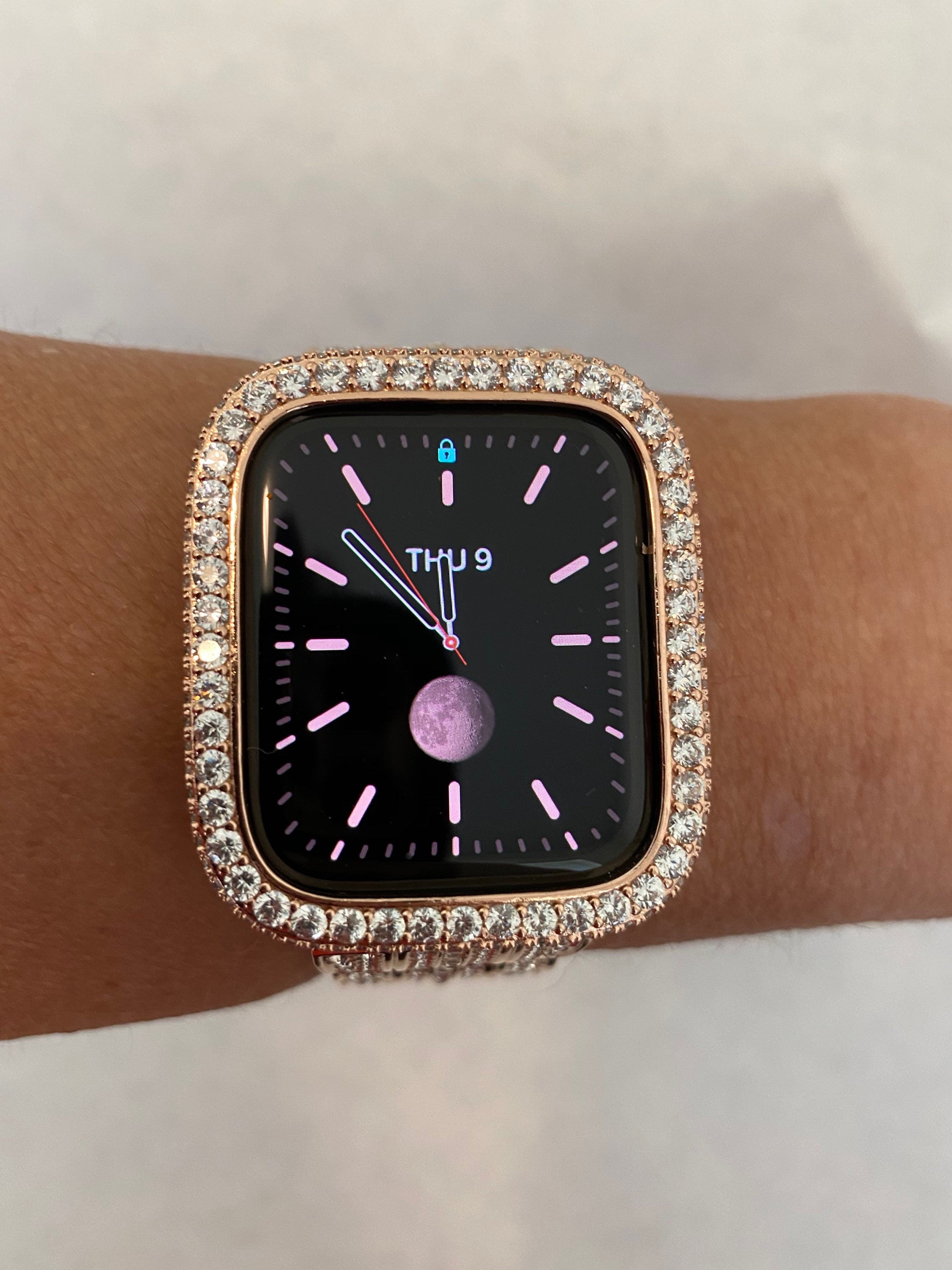Rose Gold Apple Watch Band Stainless Steel Swarovski Crystals & or Apple Watch Case Lab Diamond Pave Bezel Cover 38mm-45mm Series 2-11