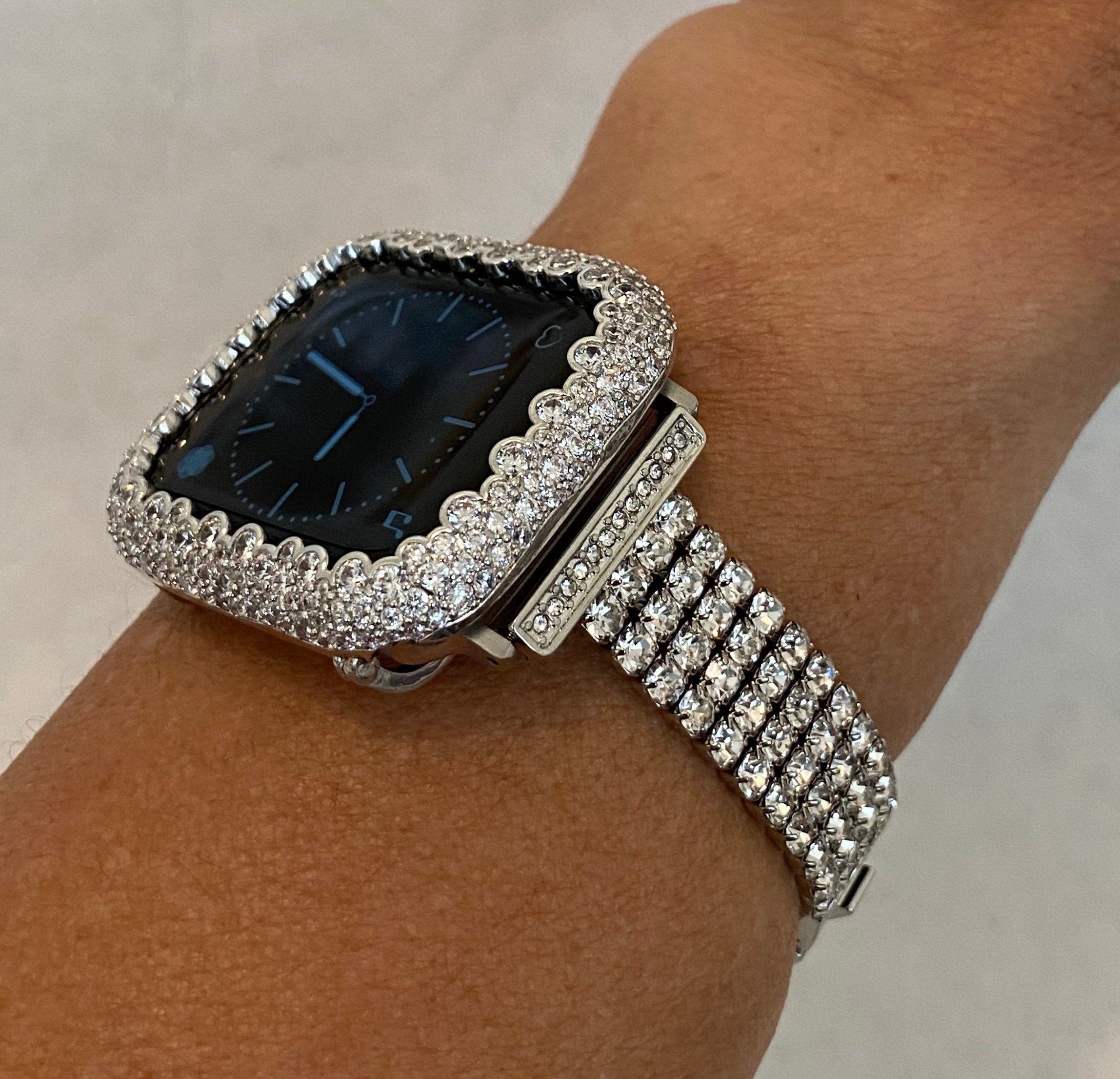 42mm 46mm Apple Watch Band Women Silver Swarovski Crystal & or White Gold Apple Case for Iphone Watch 38mm - 49mm Iwatch Candy Bling Cover