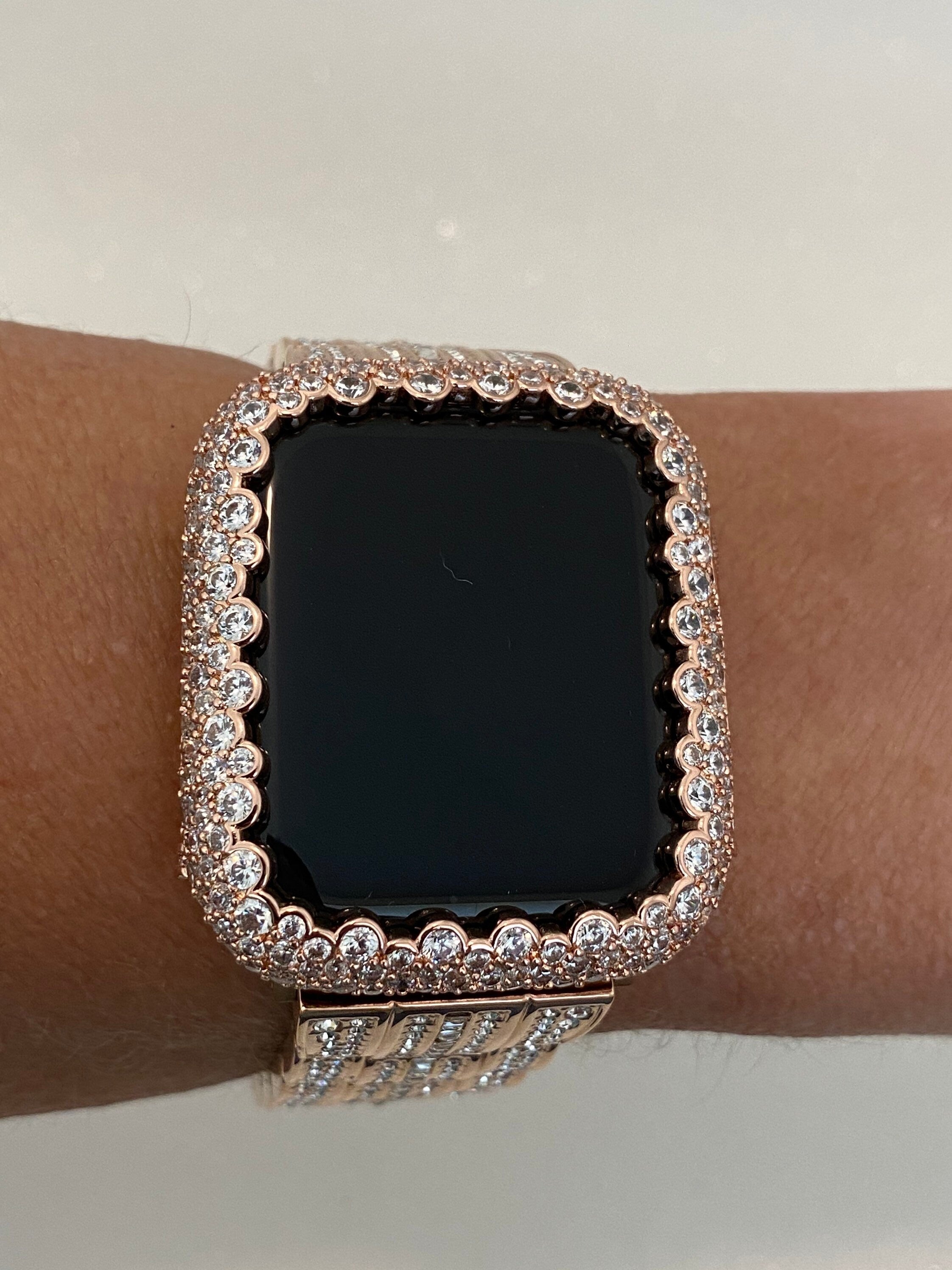 Series 9 Apple Watch Cover Rose Gold Lab Diamond Bezel Apple Watch Case 38mm-49mm Bumper Iwatch Candy Bling Smartwatch Bumper Faceplate