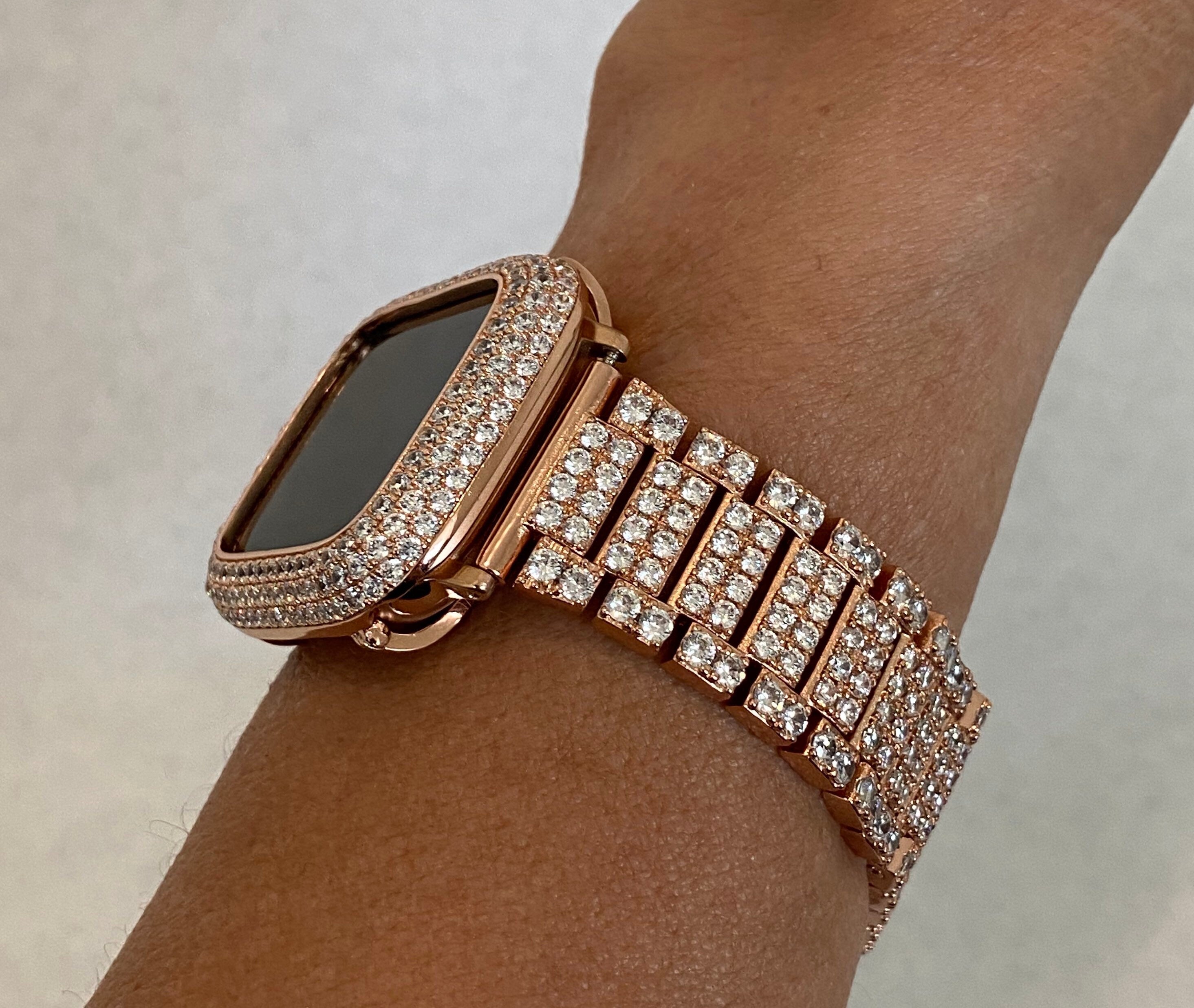 Custom Apple Watch Band Rose Gold 38mm 40mm 42mm 44mm and or Lab Diamond Bezel Cover 41mm 45mm Bling