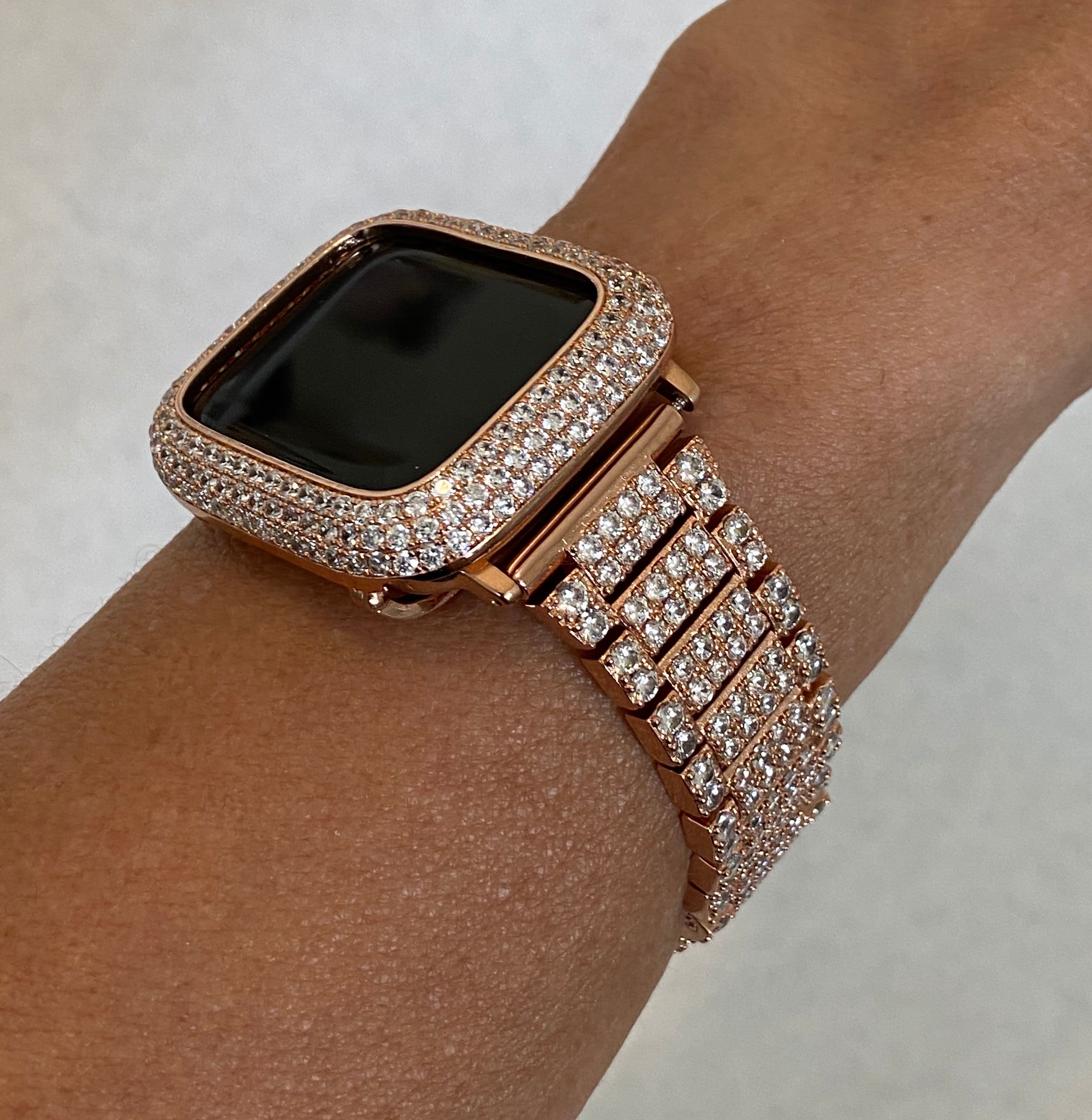 Custom Apple Watch Band Rose Gold 38mm 40mm 42mm 44mm and or Lab Diamond Bezel Cover 41mm 45mm Bling