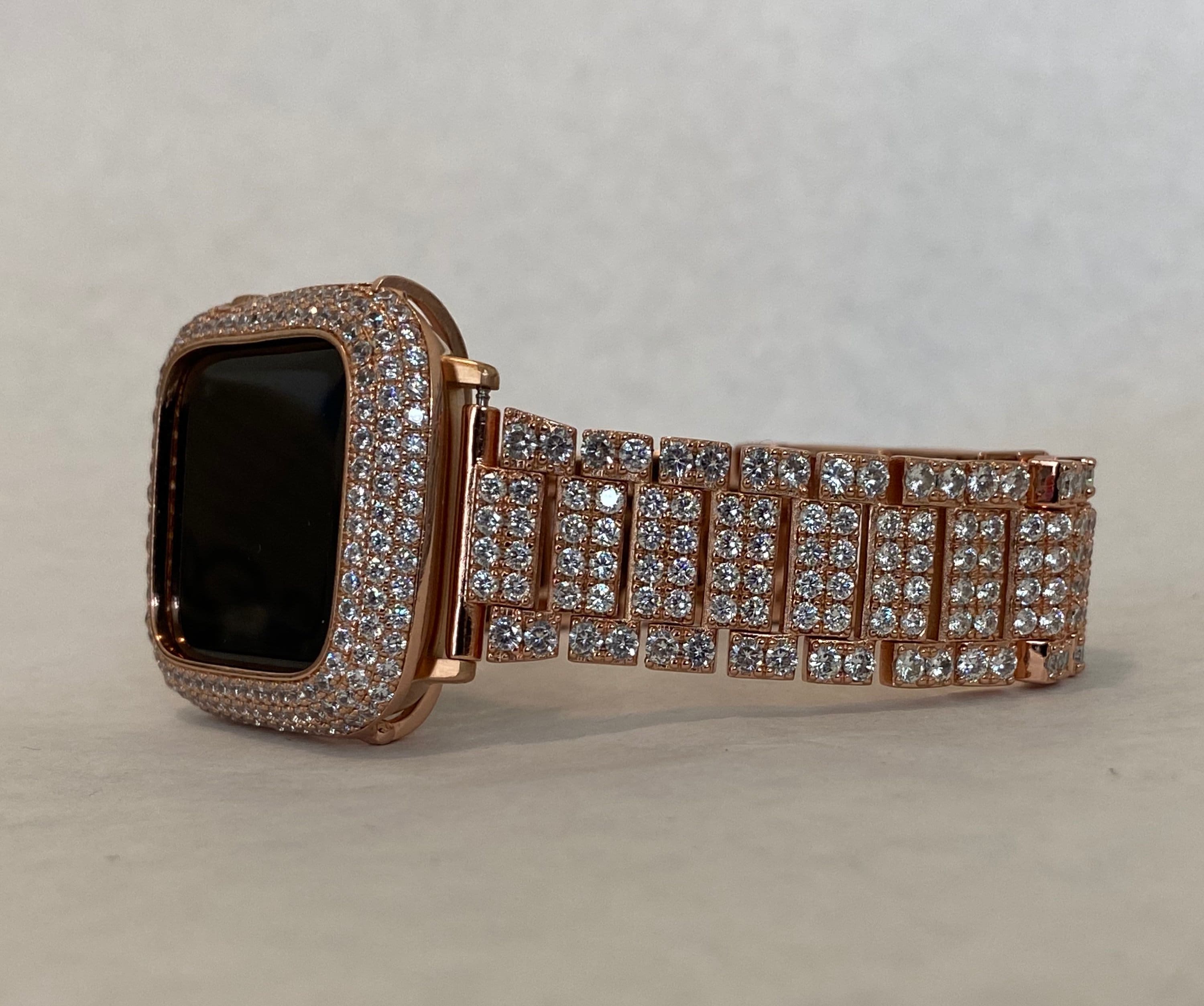 Custom Apple Watch Band Rose Gold 38mm 40mm 42mm 44mm and or Lab Diamond Bezel Cover 41mm 45mm Bling