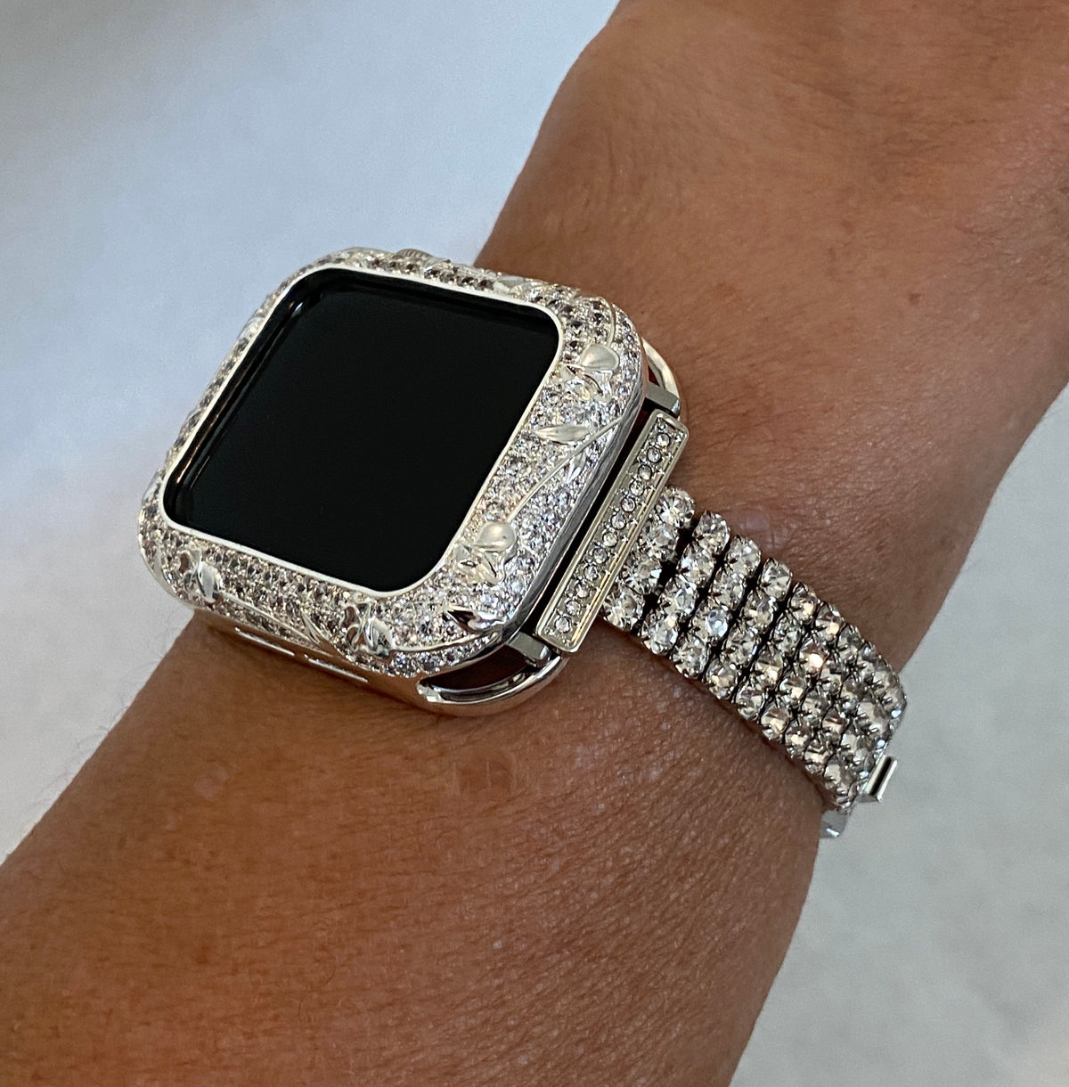 Series 2-12 Apple Watch Band Women Swarovski Crystals Silver & or Apple Watch Case for Iphone Watch 38mm-45mm Smartwatch Bumper Case Bling