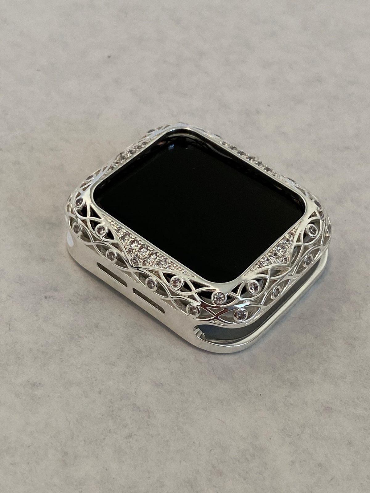 Series 10-11 Apple Watch Cover Silver Lace Design Metal Protective Bumper Apple Watch Case Swarovski Crystals 38mm-46mm Custom Iwatch Candy