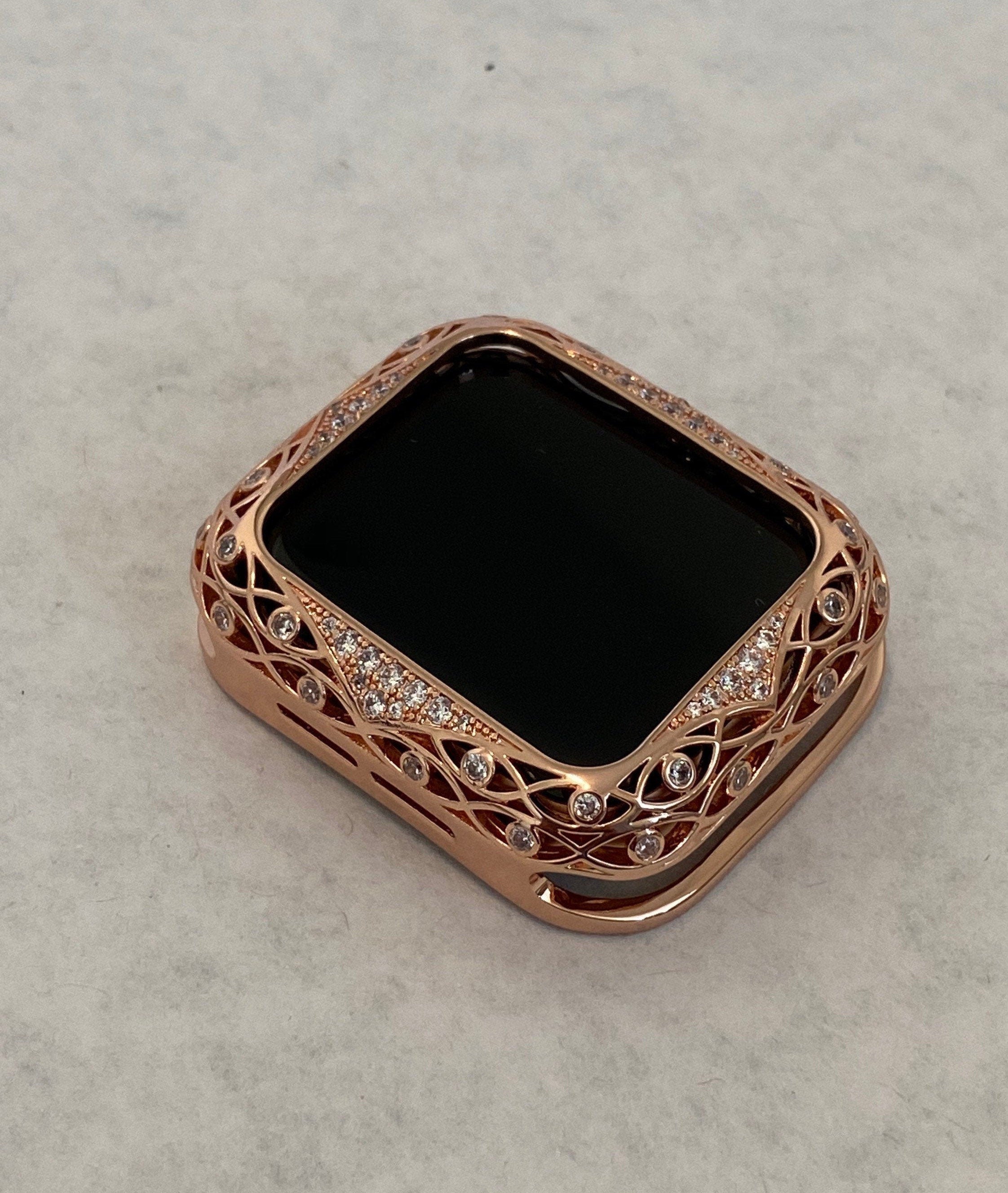 41mm 45mm Rose Gold Apple Watch Bezel Bumper Swarovski Crystals, Smartwatch Case Cover Lace 38mm 40mm 42mm 44mm