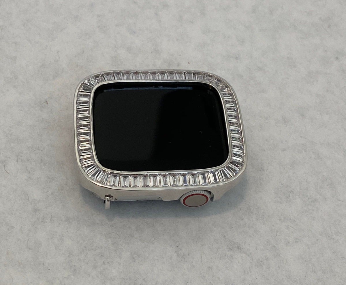 Series 10-11 Apple Watch Cover 38mm-46mm Lab Diamond Bezel Baguettes Silver Apple Watch Case