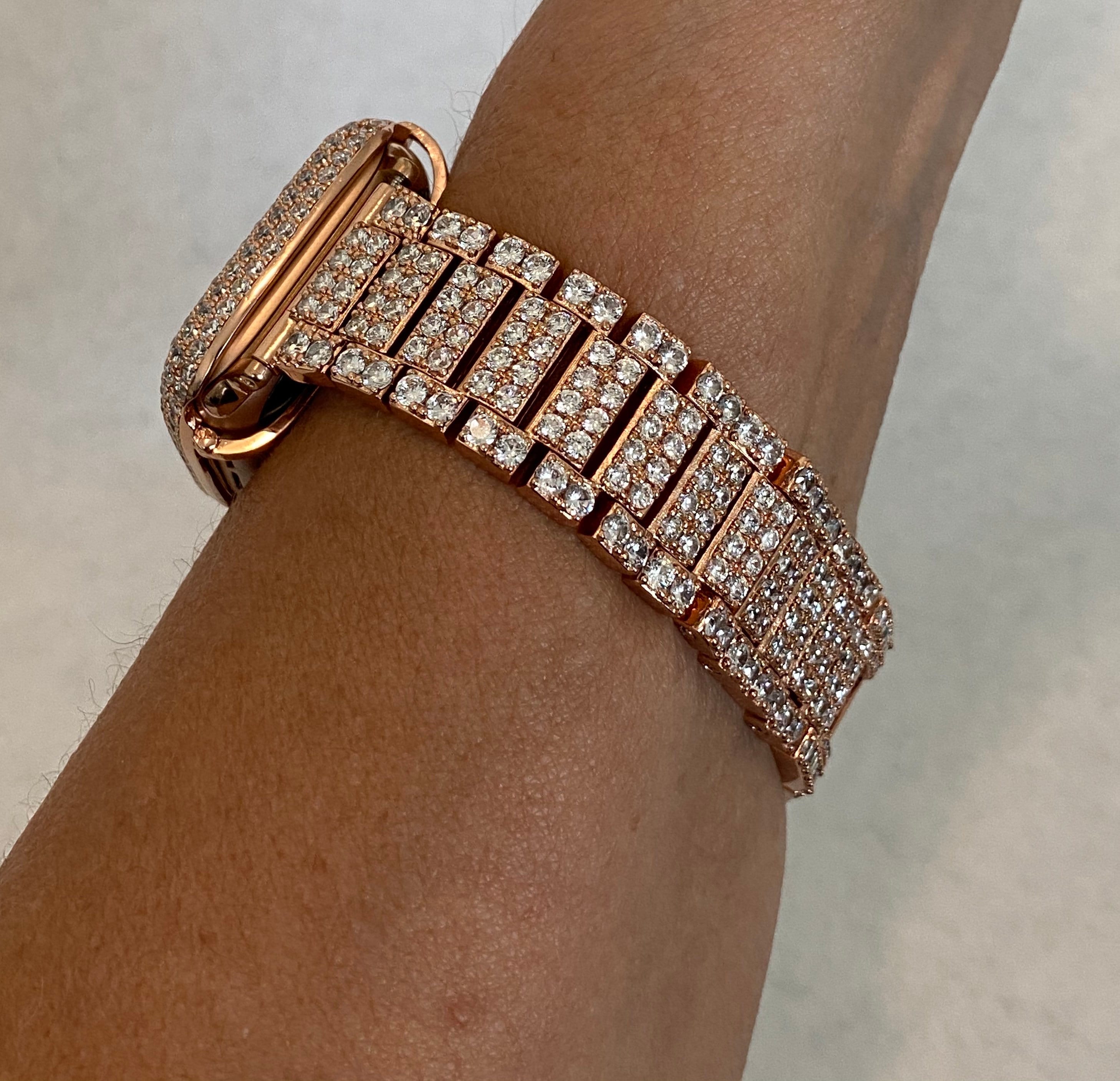 Custom Apple Watch Band Rose Gold 38mm 40mm 42mm 44mm and or Lab Diamond Bezel Cover 41mm 45mm Bling