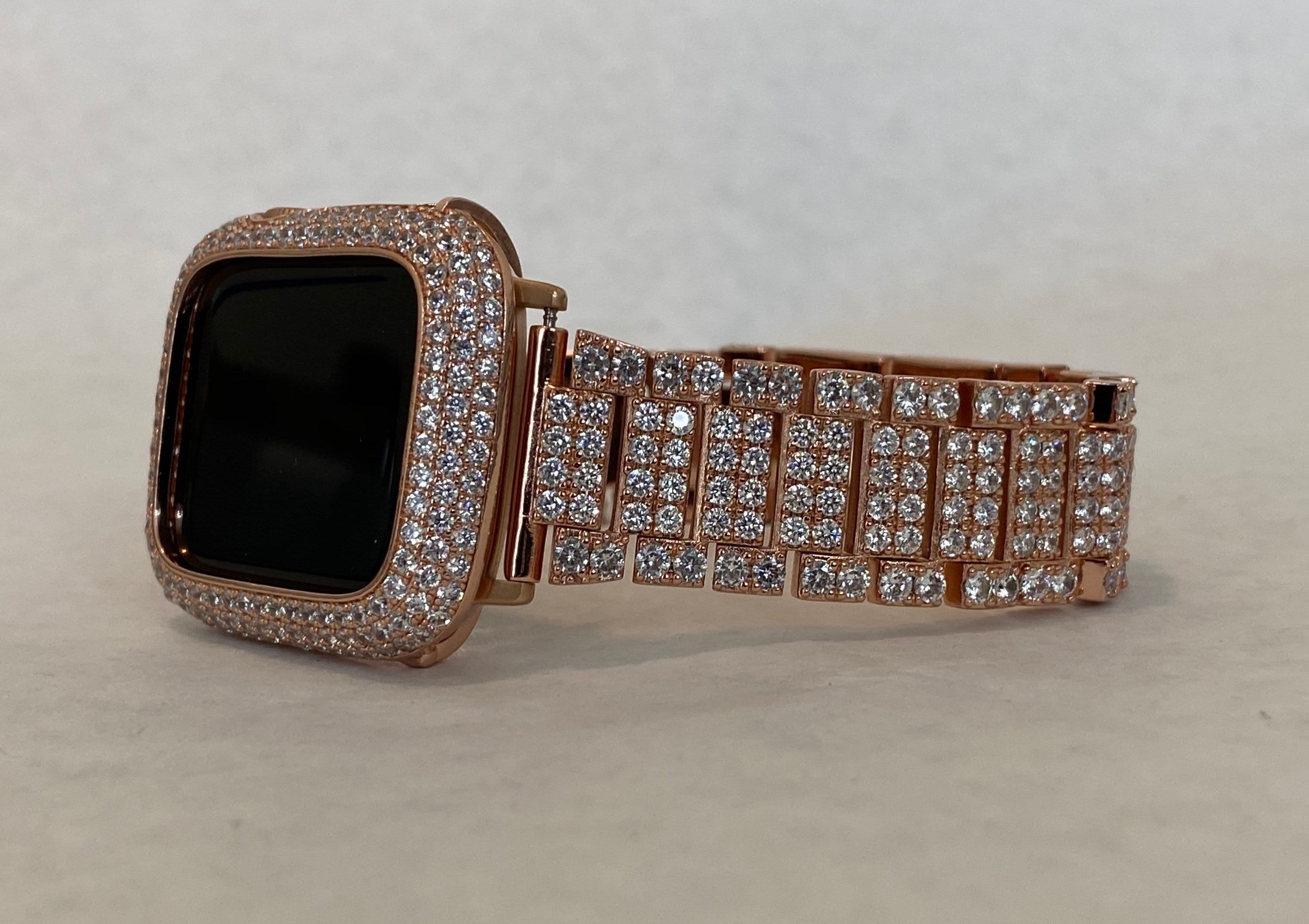 Custom Apple Watch Band Rose Gold 38mm 40mm 42mm 44mm and or Lab Diamond Bezel Cover 41mm 45mm Bling