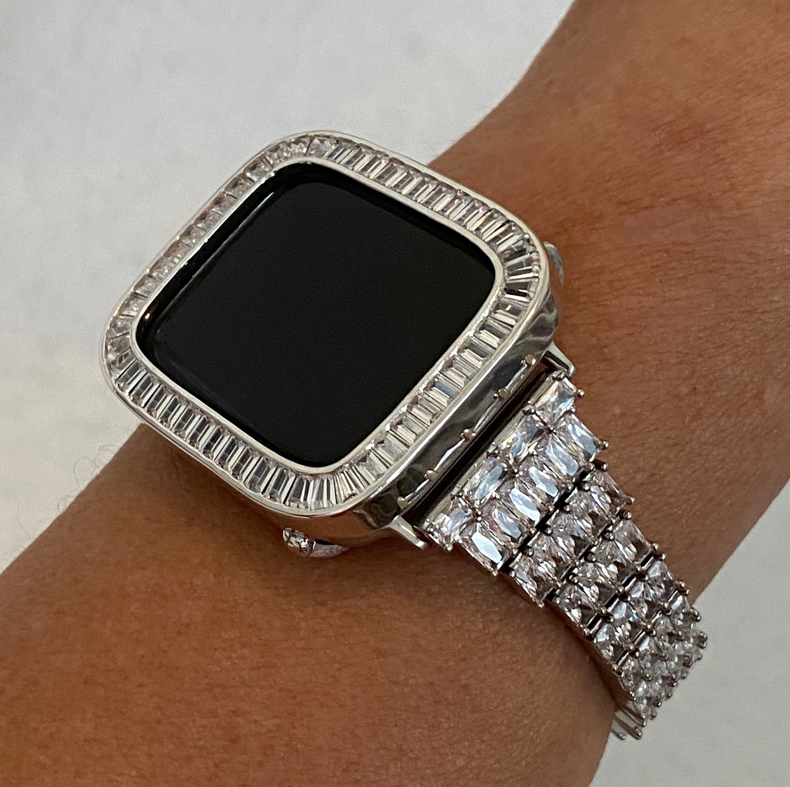 Silver Apple Watch Band Womens Swarovski Crystal & or Apple Watch Case Lab Diamond Baguettes Iphone Watch Cover Iwatch Candy Bling 38mm-45mm