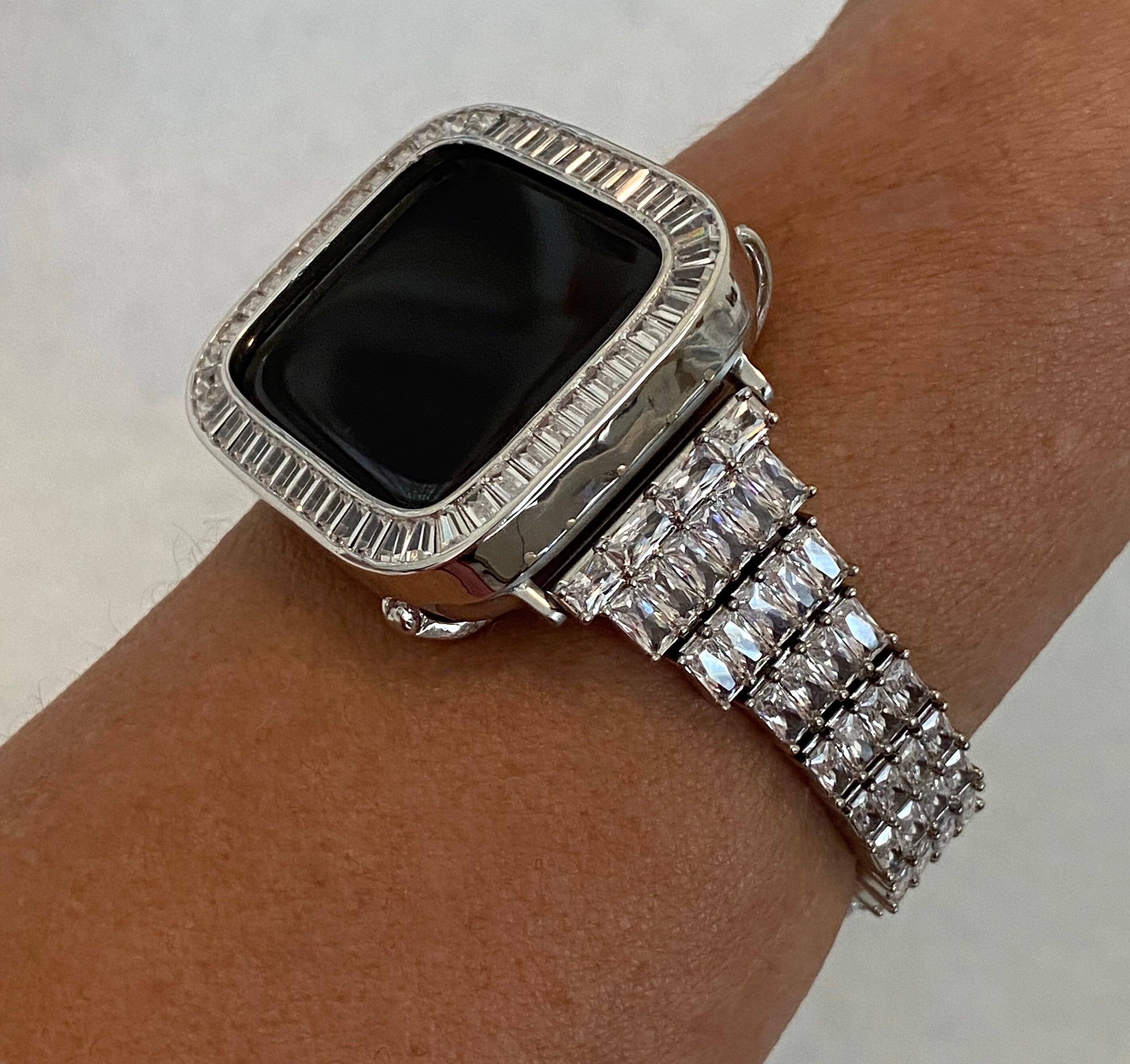 Silver Apple Watch Band Womens Swarovski Crystal & or Apple Watch Case Lab Diamond Baguettes Iphone Watch Cover Iwatch Candy Bling 38mm-45mm
