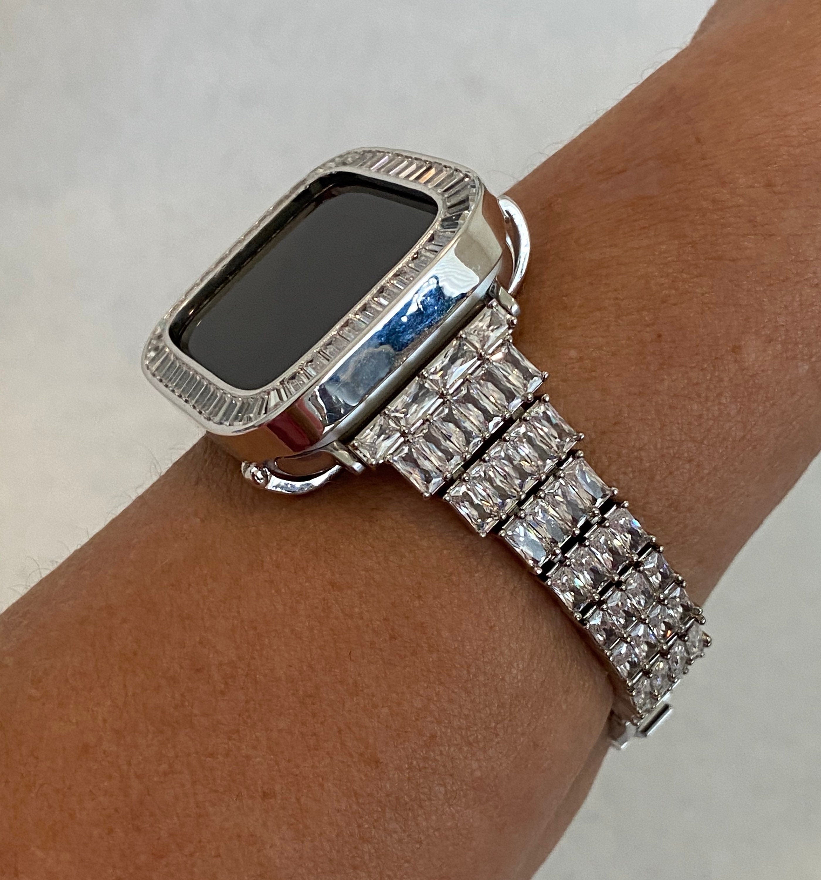 Silver Apple Watch Band Womens Swarovski Crystal & or Apple Watch Case Lab Diamond Baguettes Iphone Watch Cover Iwatch Candy Bling 38mm-45mm