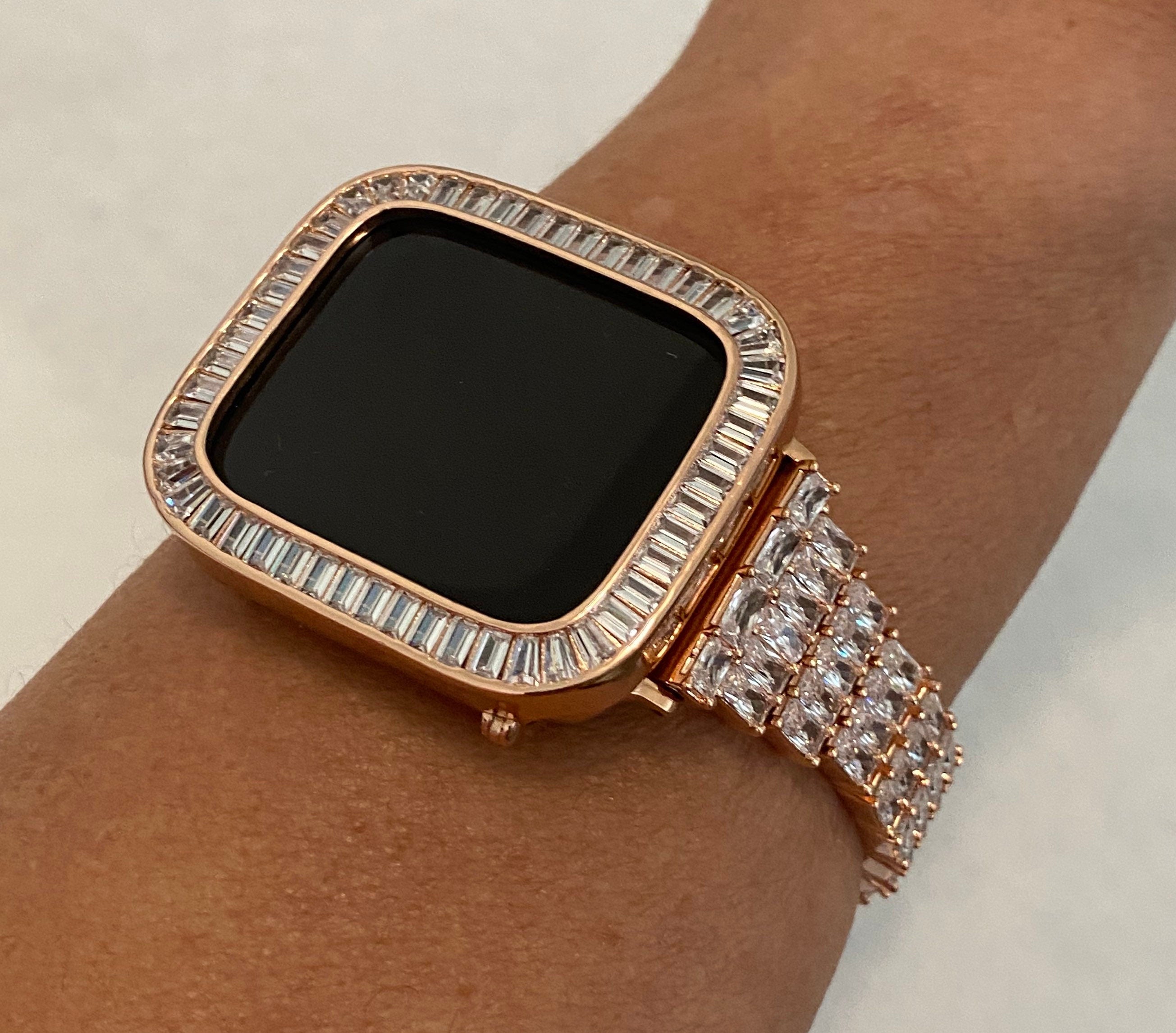 Series 2-9 Apple Watch Band Rose Gold Baguette Swarovski Crystals & or Apple Watch Case Lab Diamond Bezel Apple WatchCover 38mm-45mm Bling