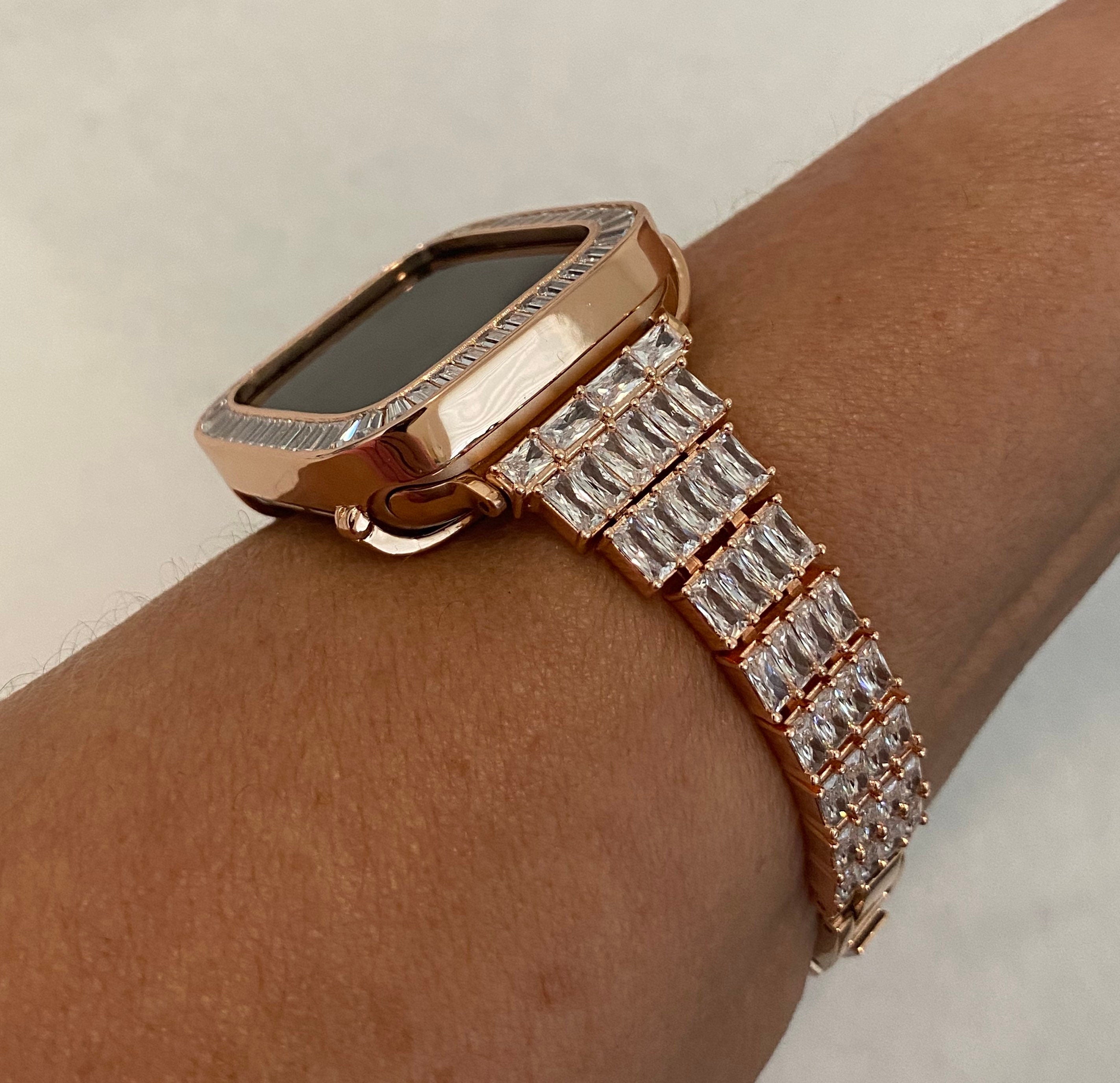 Custom Rose Gold Apple Watch Band Women 38mm-45mm Swarovski Crystal & or Baguette Lab Diamond Bezel Apple Watch Cover Iwatch Bling Handmade