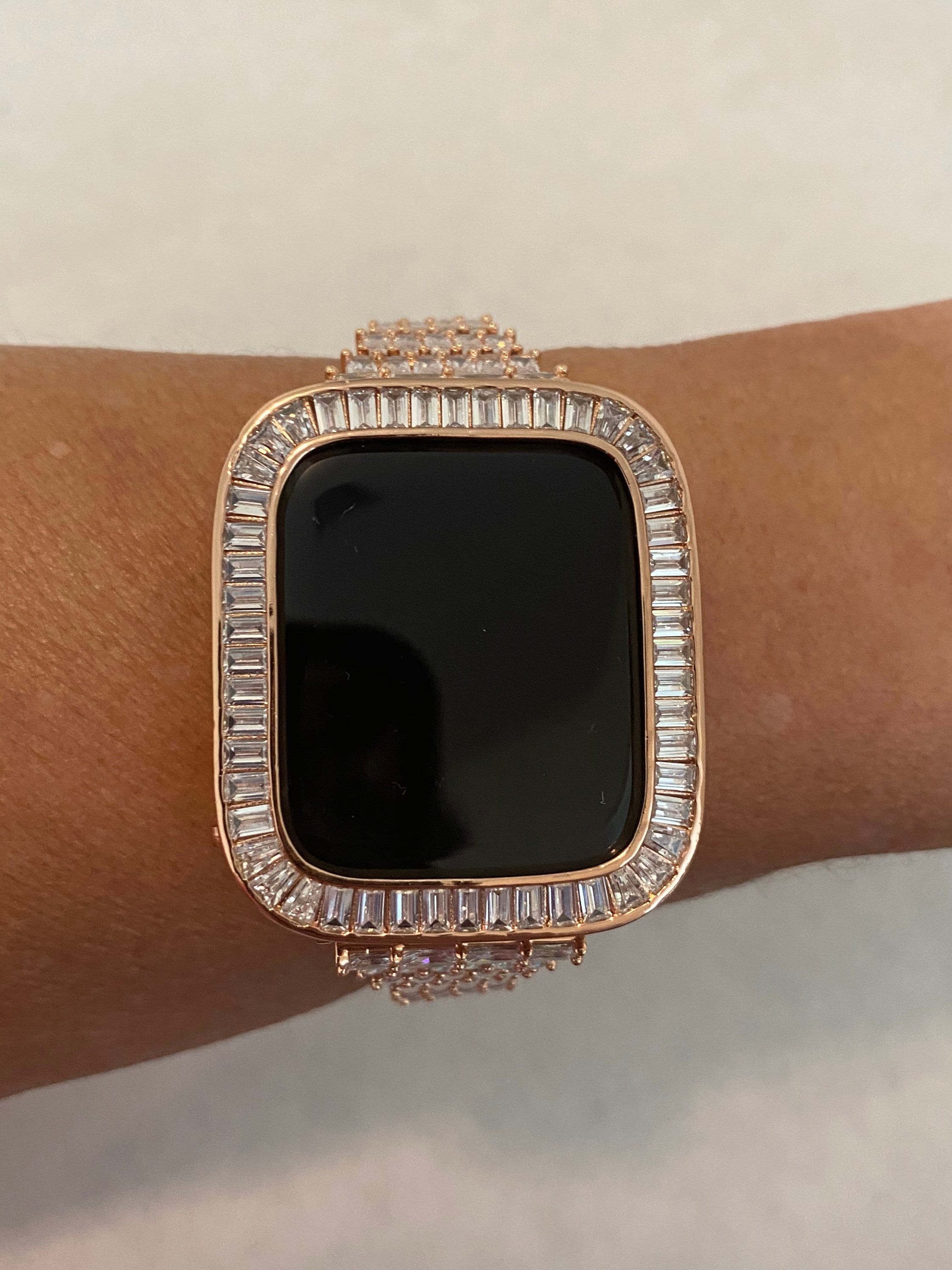 Custom Rose Gold Apple Watch Band Women 38mm-45mm Swarovski Crystal & or Baguette Lab Diamond Bezel Apple Watch Cover Iwatch Bling Handmade