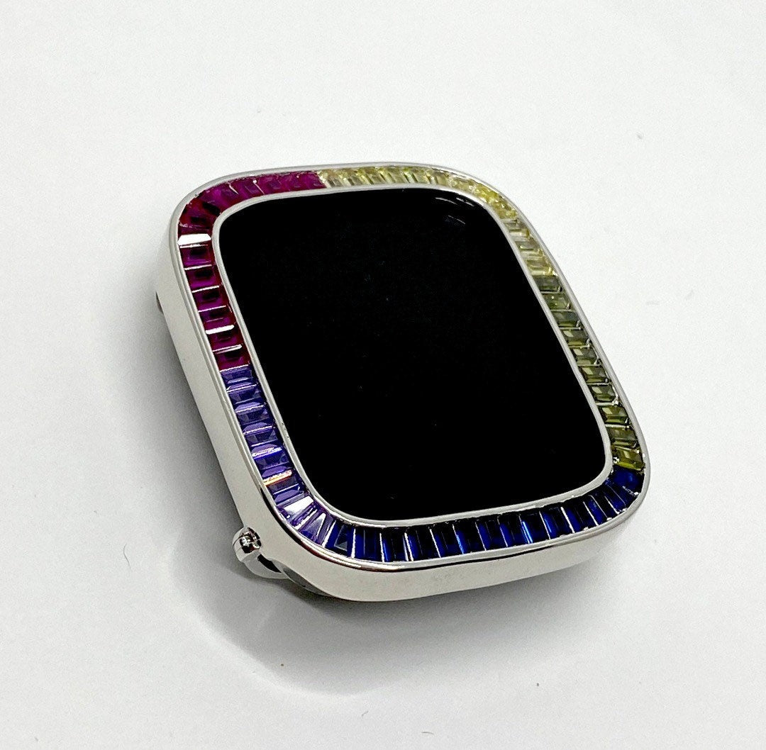 Custom 41mm 45mm Rainbow Apple Watch Cover with Large Swarovski Crystals in sizes 40mm 44mm set in Silver 14k White Gold Lab Diamond Iwatch Case Series 2-8