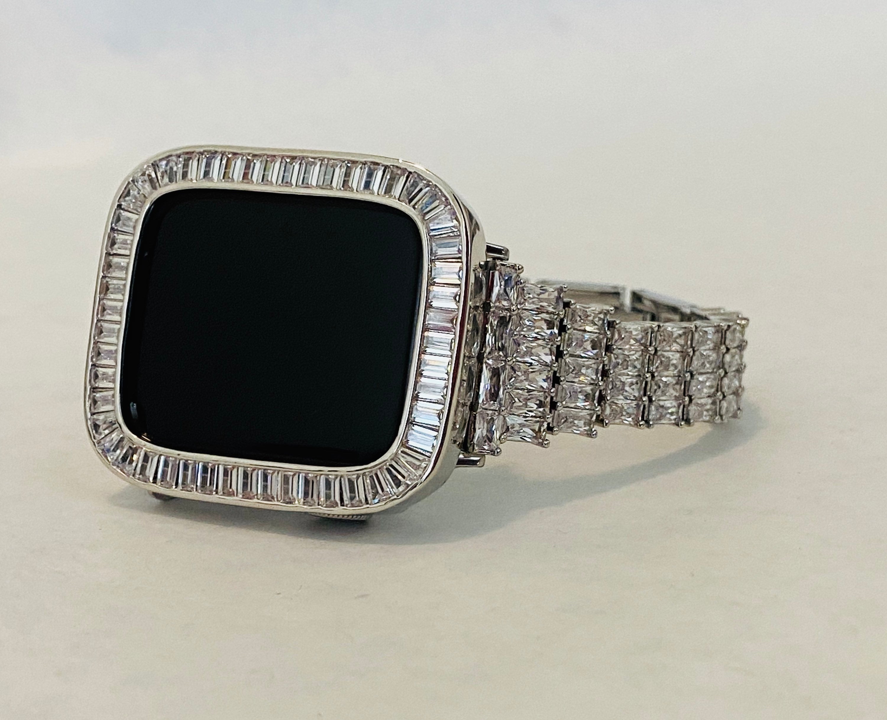 Silver Apple Watch Band Womens Swarovski Crystal & or Apple Watch Case Lab Diamond Baguettes Iphone Watch Cover Iwatch Candy Bling 38mm-45mm