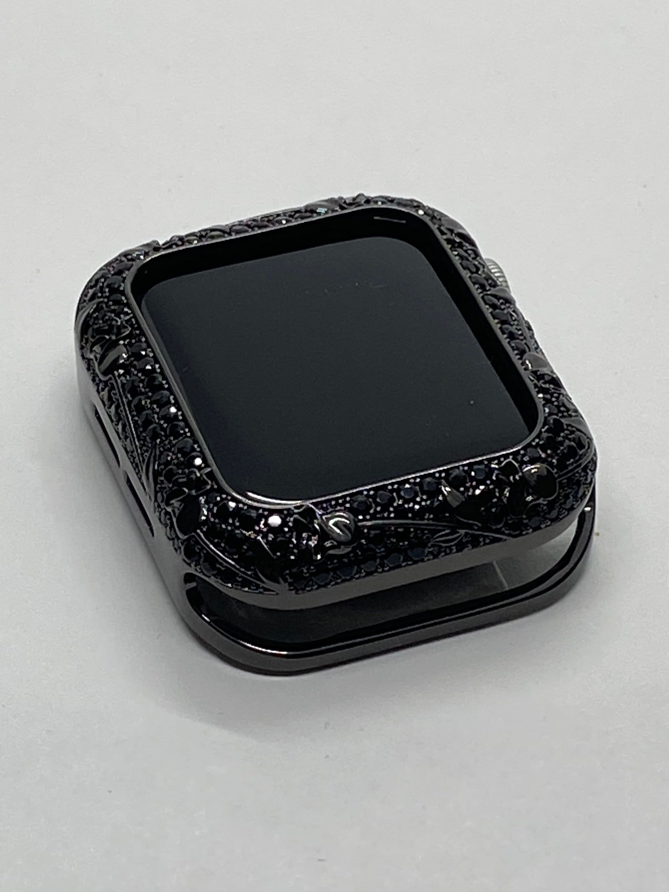 Black Apple Watch Cover Swarovski Crystals Floral Design for Iphone Watch Case Protective Watch Coverm 38mm-45mm Series 2-9 Iwatch Candy