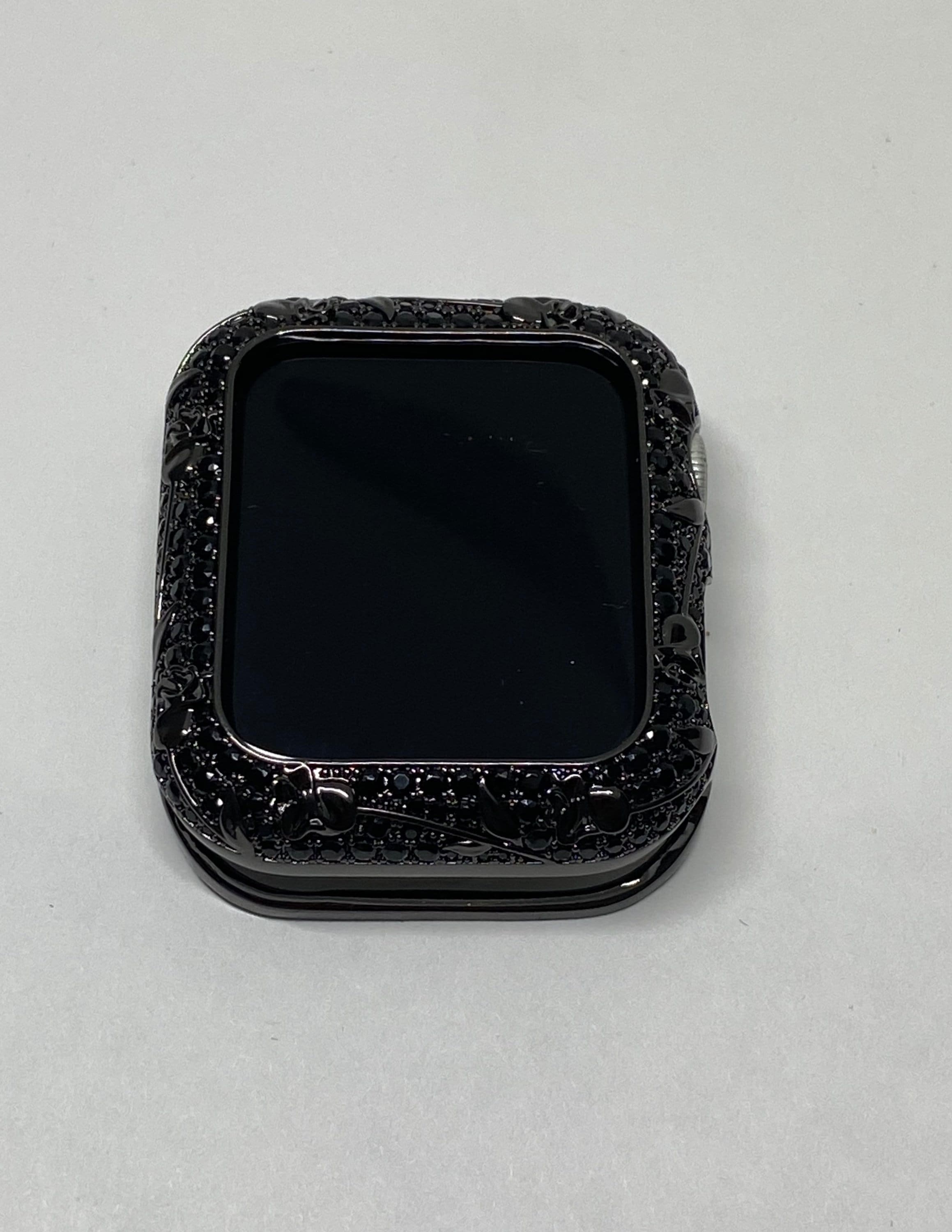 Black Apple Watch Cover Swarovski Crystals Floral Design for Iphone Watch Case Protective Watch Coverm 38mm-45mm Series 2-9 Iwatch Candy