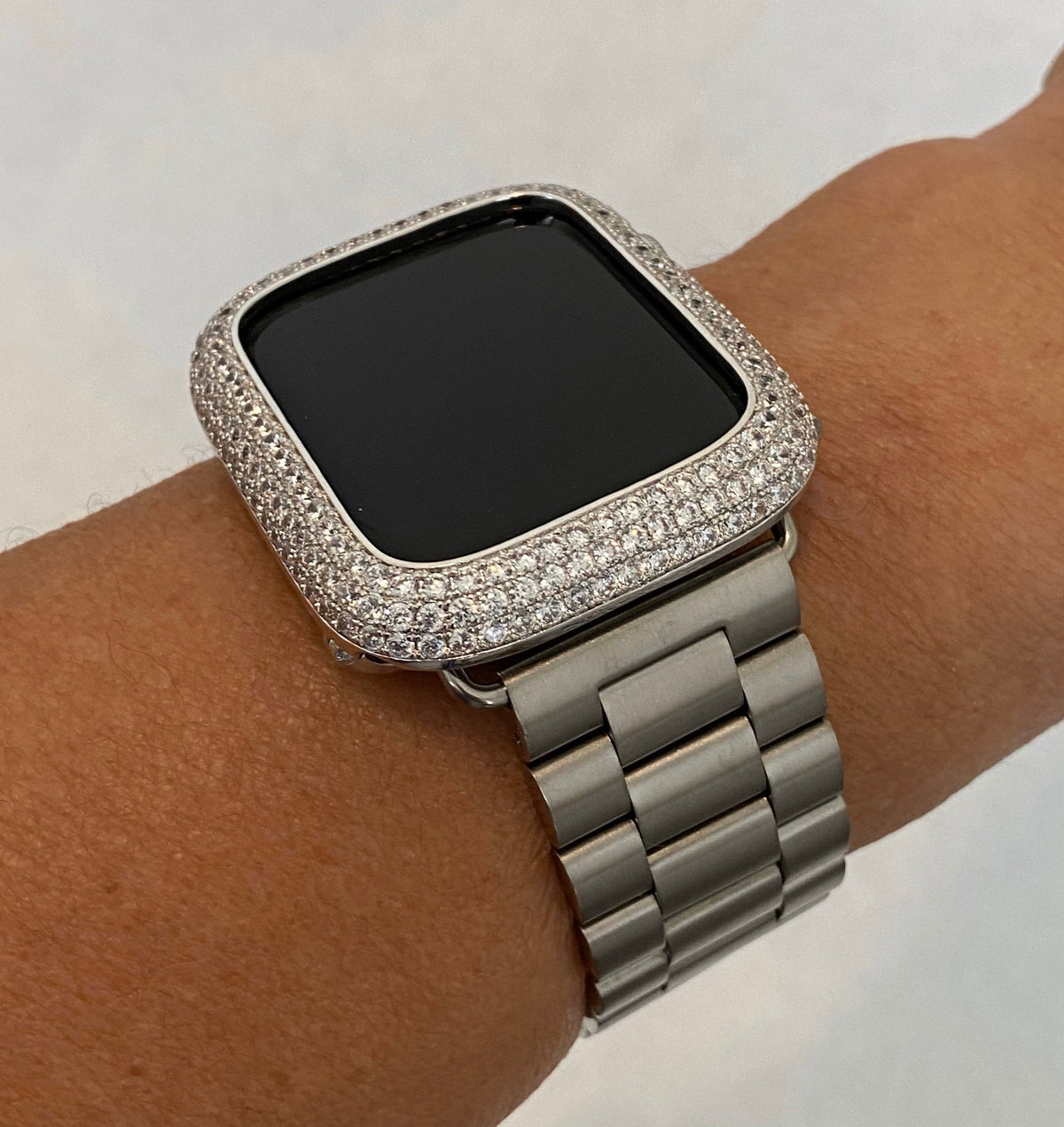 Apple Watch Band Silver Stainless Steel Style & or Iphone Apple Watch Cover Lab Diamond Bezel Iwatch Case 38mm-49mm Ultra Series 11