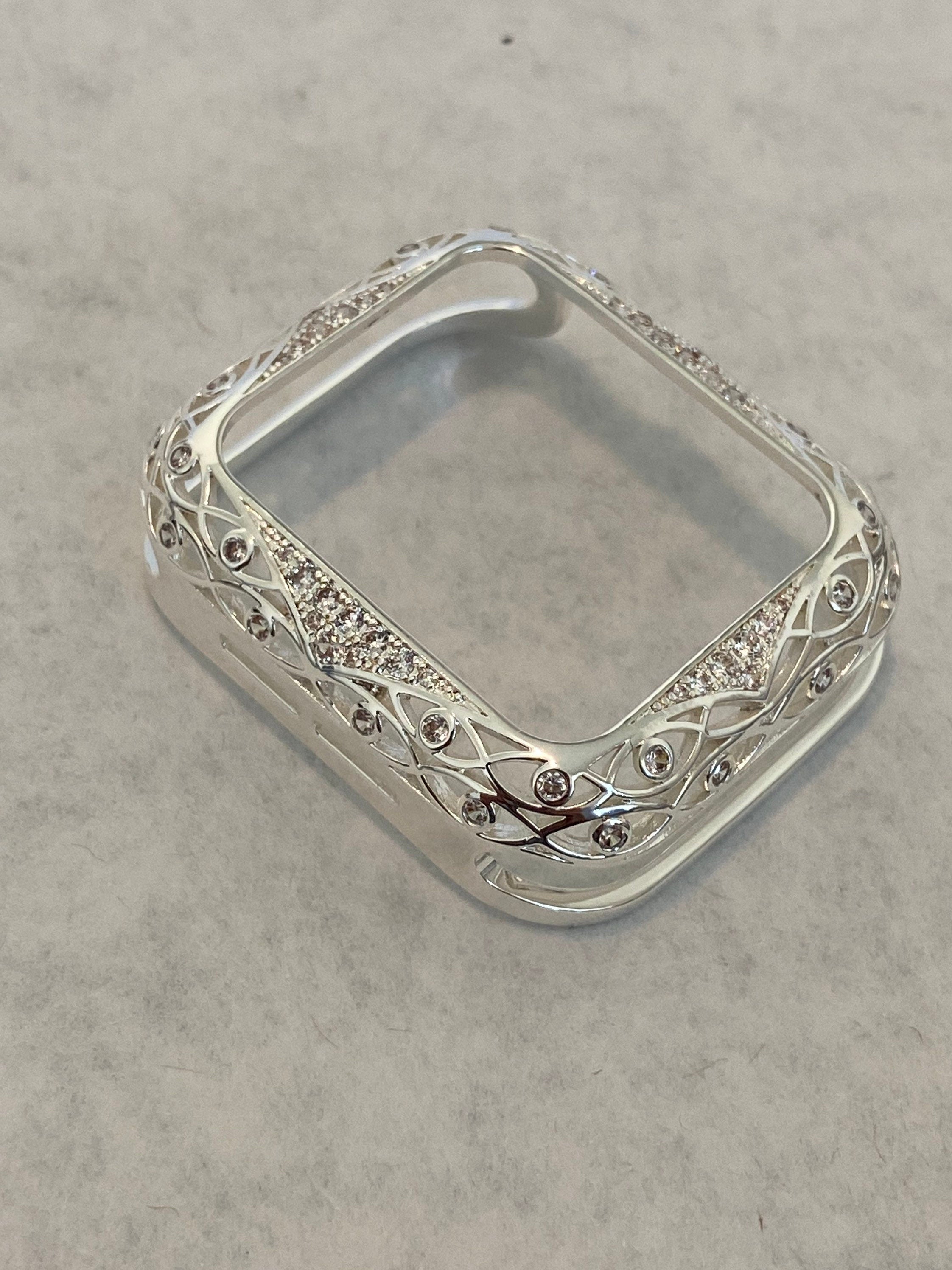 Series 10 Apple Watch Cover Silver Lace Design Metal Protective Bumper Apple Watch Case Swarovski Crystals 38mm-46mm Custom Iwatch Candy