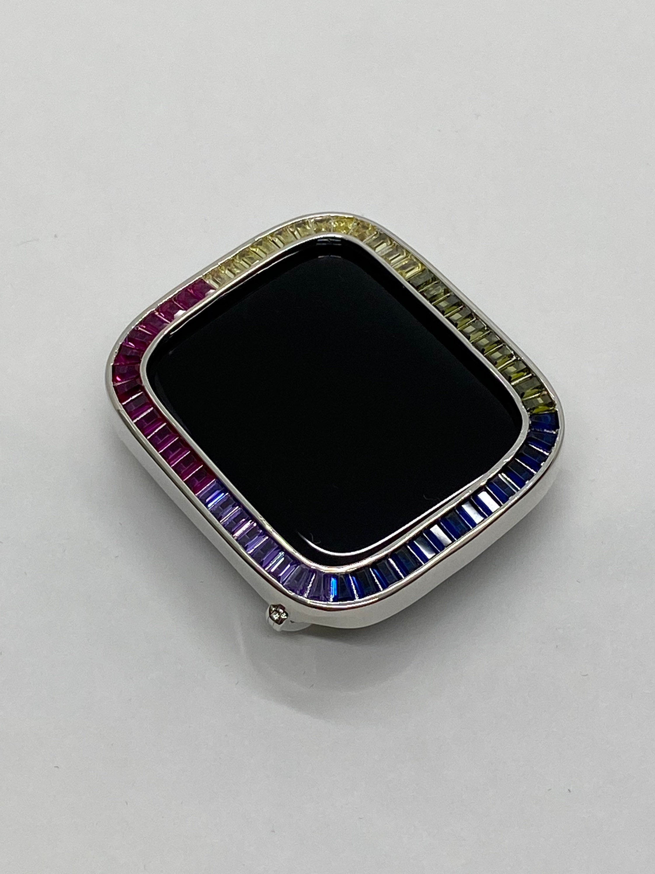 Rainbow Apple Watch Cover 40mm 41mm 44mm 45mm Silver Apple Watch Case Baguette Lab Diamond Iwatch Candy Bling Series 2-9 SE