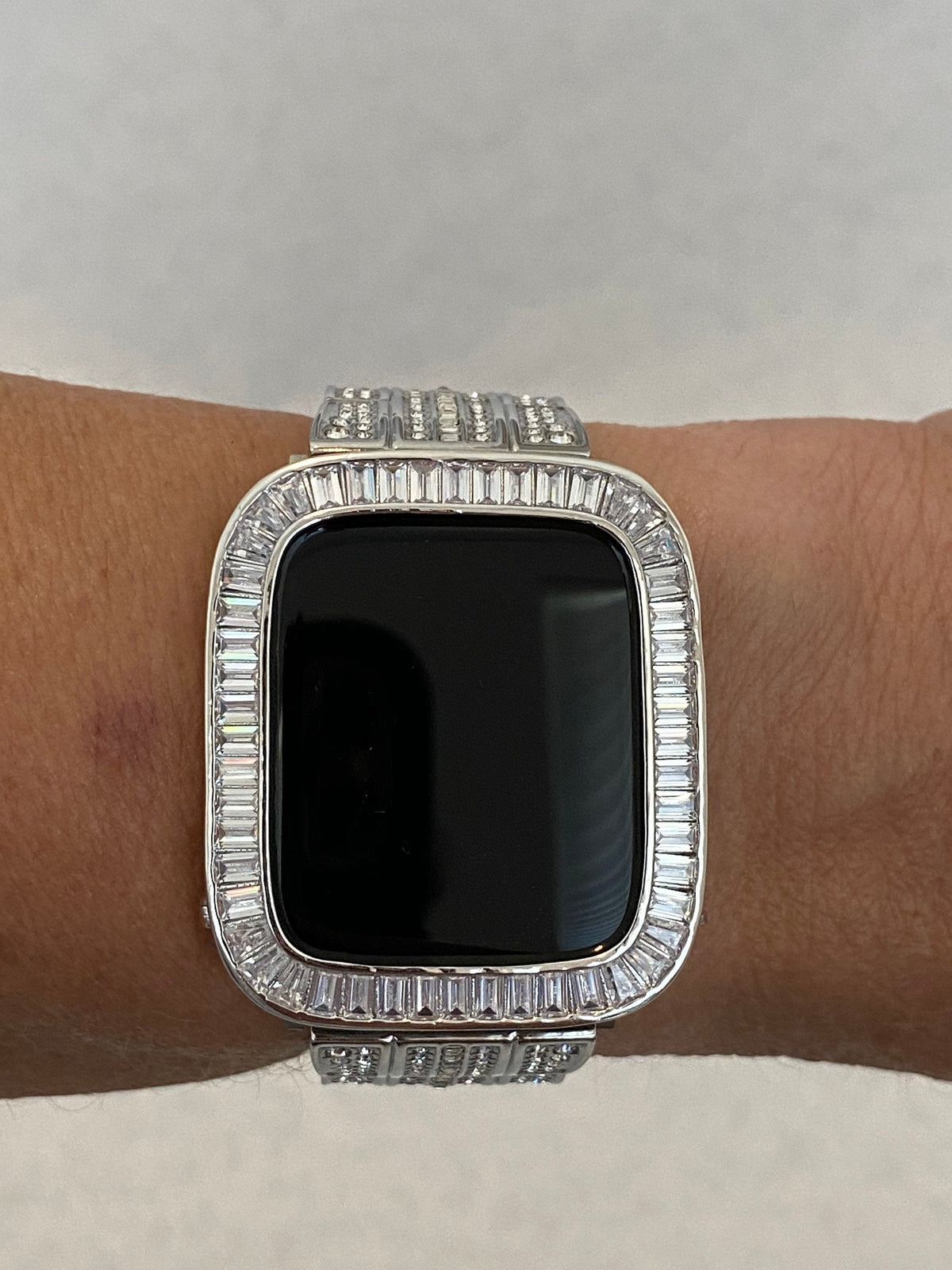 Custom Iwatch Candy Silver Apple Watch Cover Womens Protective Bumper Case with Lab Diamond Baguettes set in 14k white Gold Plating size 38mm 40mm 41mm 42mm 44mm 45mm