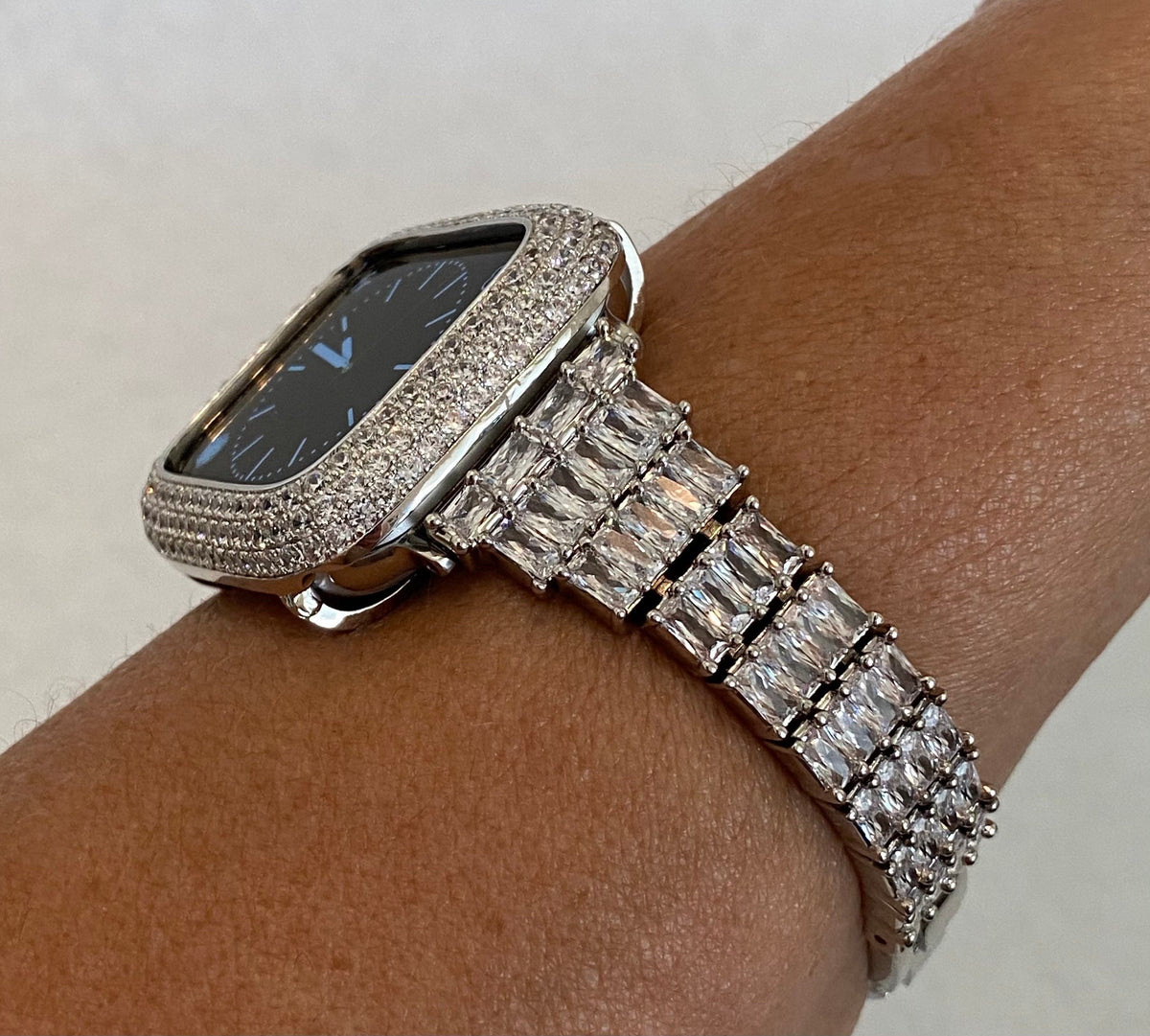 Designer Apple Watch Band Womens Silver High End Crystals & or Apple Watch Case Lab Diamond Bezel Iphone Watch Case 38mm - 49mm Ultra Bling