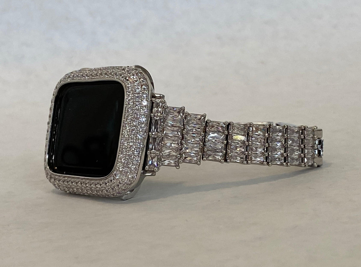 Bling Apple Watch Band Women Silver 41mm 45mm 49mm Ultra High End Crystal & or Apple Watch Case Lab Diamond Bezel Cover Iwatch Candy