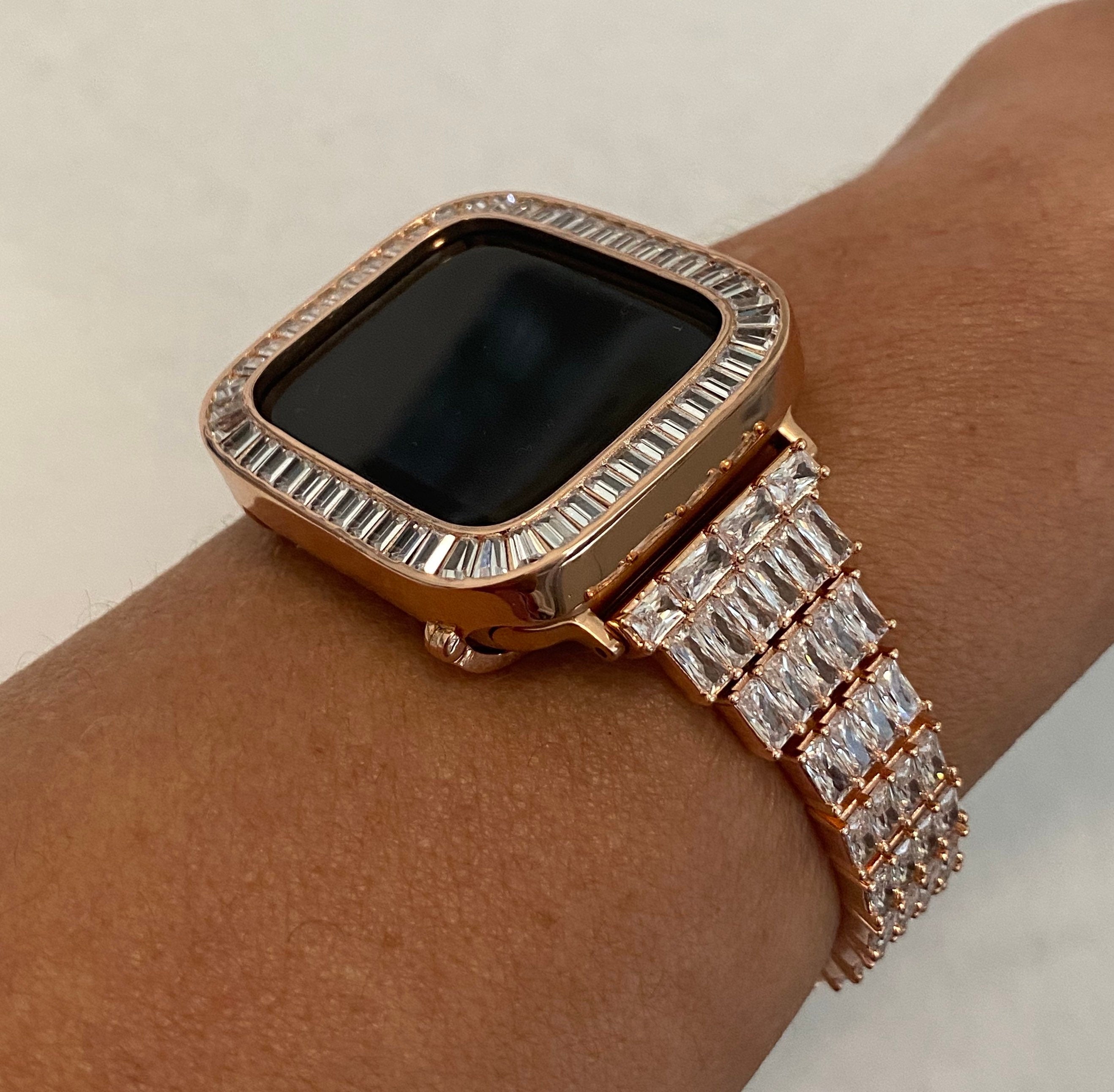 Series 2-9 Apple Watch Band Rose Gold Baguette Swarovski Crystals & or Apple Watch Case Lab Diamond Bezel Apple WatchCover 38mm-45mm Bling