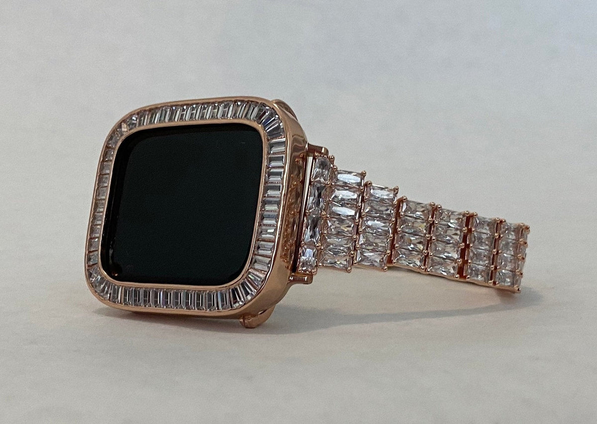 Series 2-11 Apple Watch Band Rose Gold Baguette Swarovski Crystals & or Apple Watch Case Lab Diamond Bezel Apple WatchCover 38mm-46mm Bling