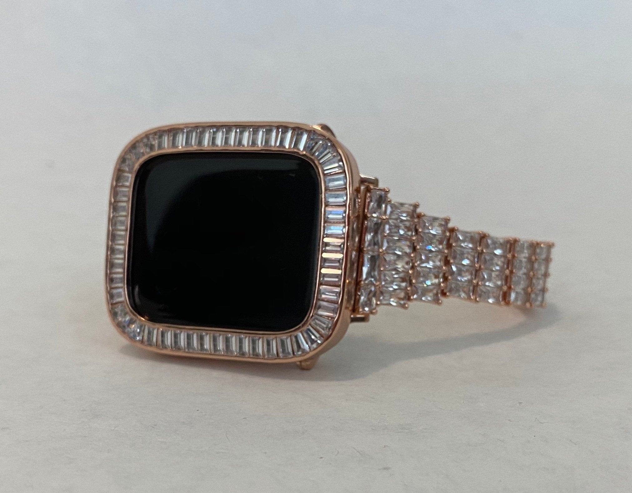 Custom Rose Gold Apple Watch Band Women 38mm-45mm Swarovski Crystal & or Baguette Lab Diamond Bezel Apple Watch Cover Iwatch Bling Handmade