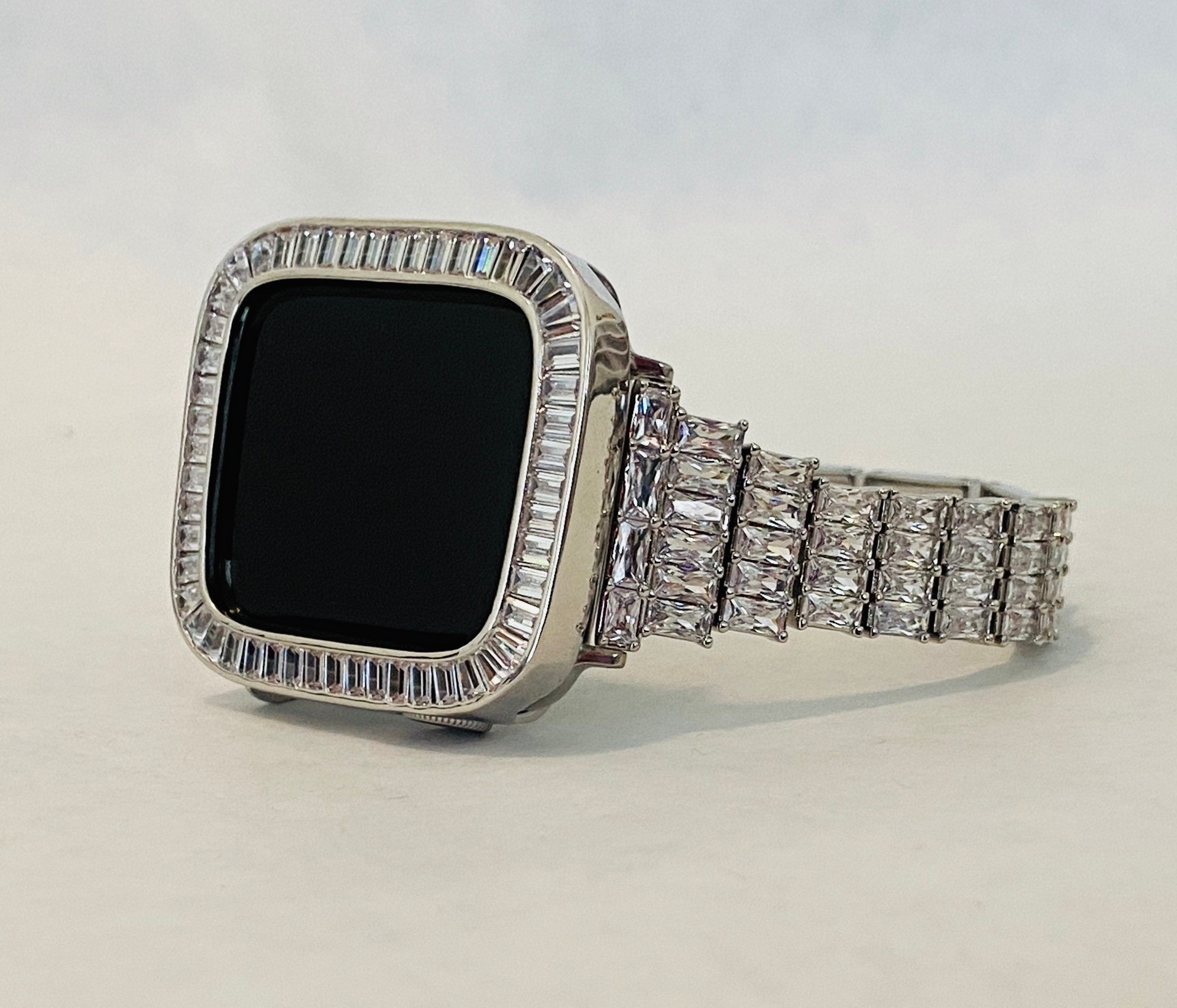 Silver Apple Watch Band Womens Swarovski Crystal & or Apple Watch Case Lab Diamond Baguettes Iphone Watch Cover Iwatch Candy Bling 38mm-45mm