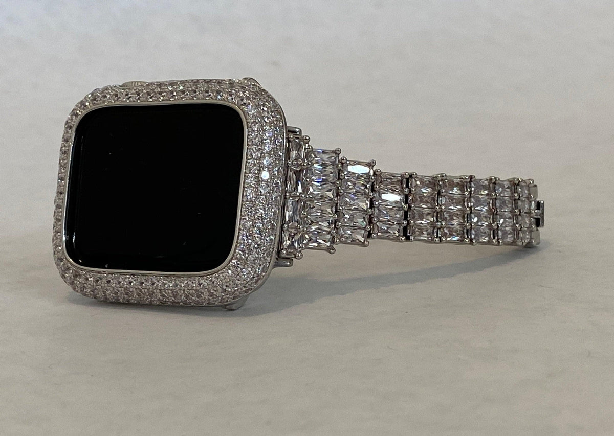 Bling Apple Watch Band Women Silver 41mm 45mm 49mm Ultra High End Crystal & or Apple Watch Case Lab Diamond Bezel Cover Iwatch Candy