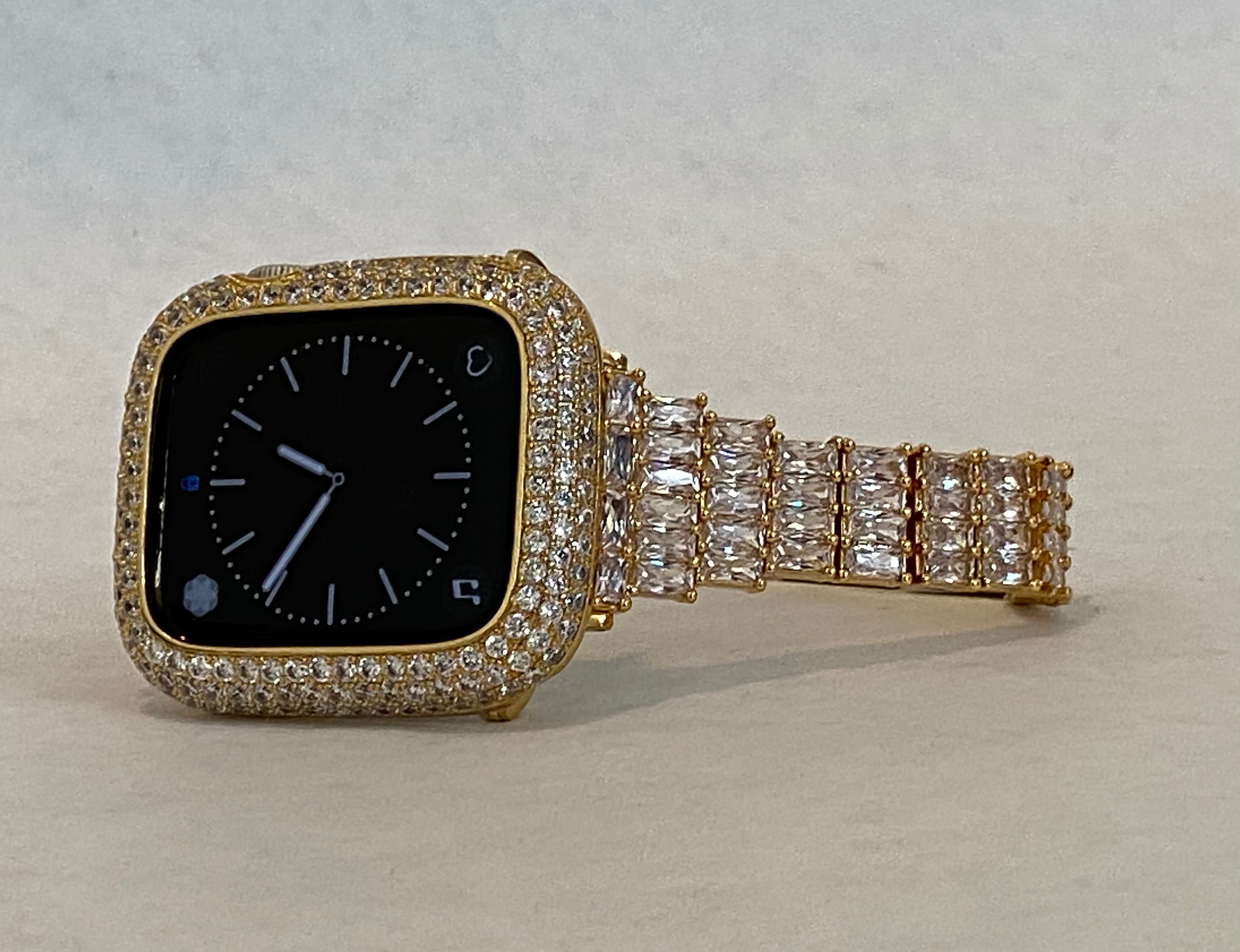 Bling Apple Watch Band Gold Women Crystal 41mm 45mm 49mm Ultra & or Apple Watch Case Lab Diamond Bezel Apple Watch Cover Bling