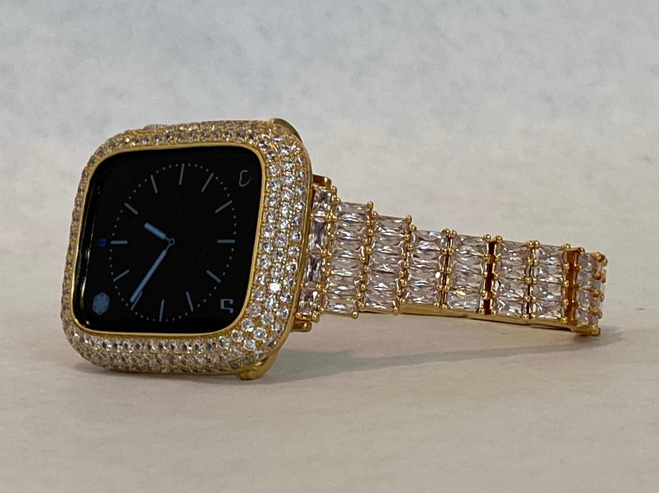 Bling Apple Watch Band Gold Women Crystal 41mm 45mm 49mm Ultra & or Apple Watch Case Lab Diamond Bezel Apple Watch Cover Bling