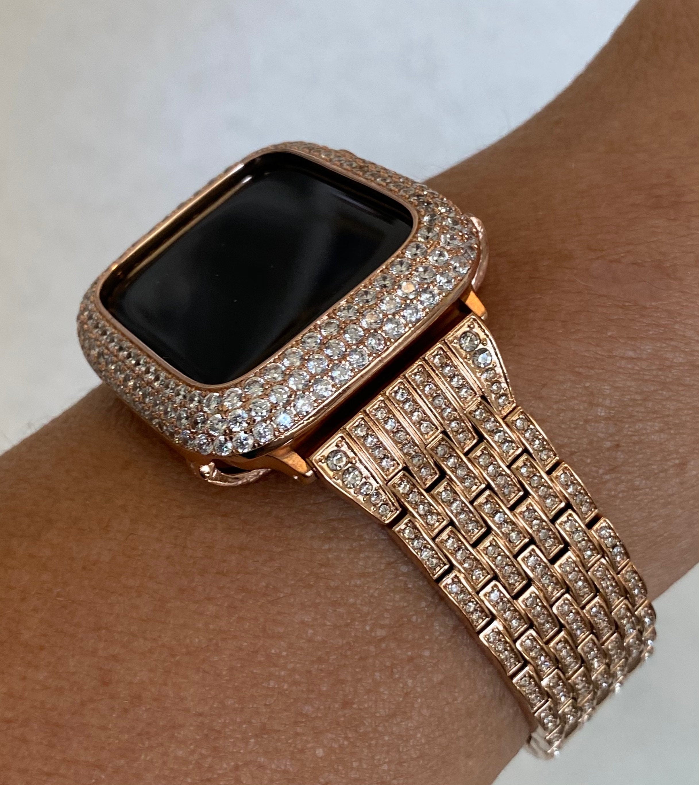 Series 10 Apple Watch Band Stainless Steel Swarovski Crystals & or Rose Gold Apple Watch Cover Lab Diamond Bezel Iwatch Case 38mm-49mm