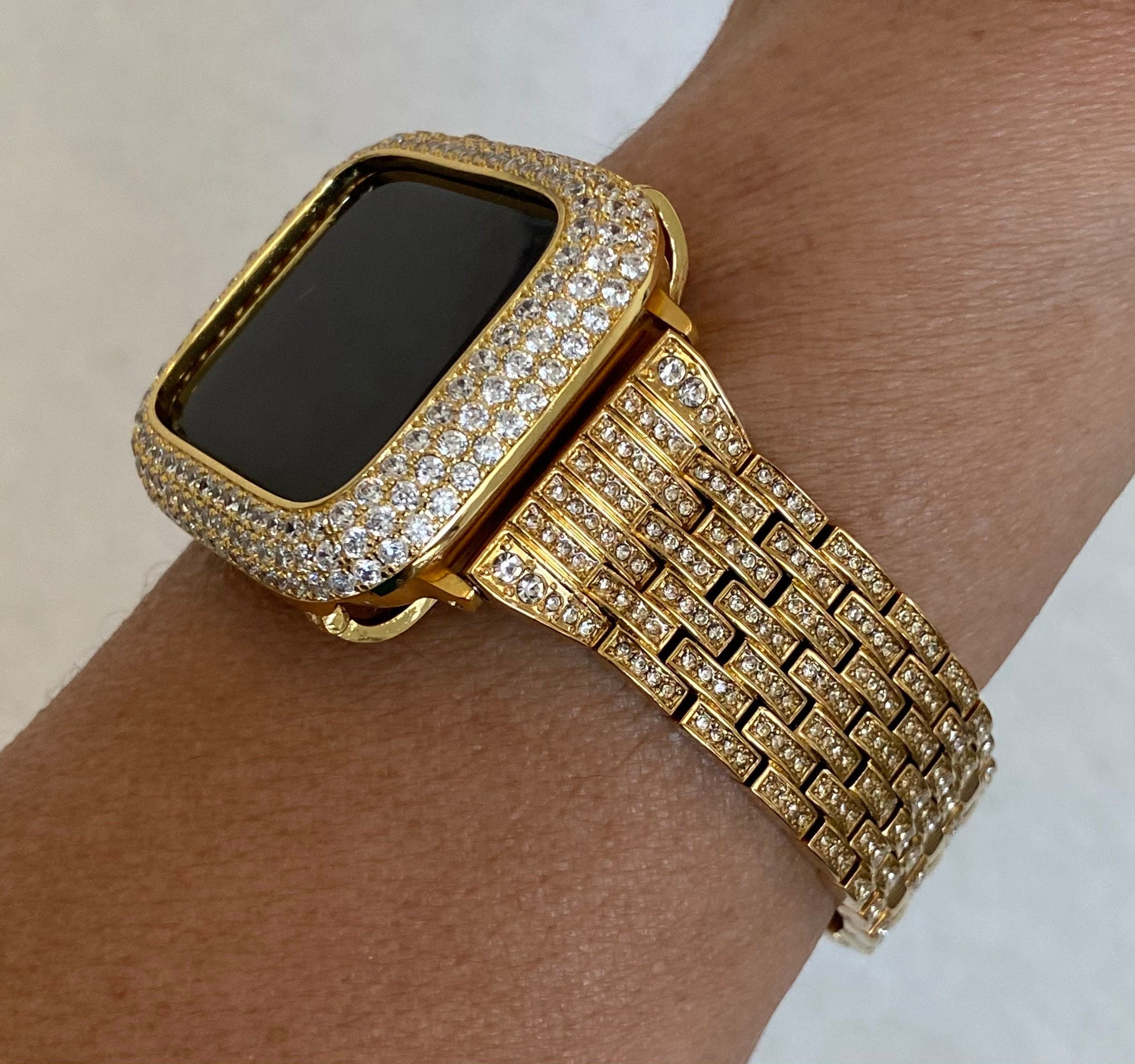 Iced Out Gold Apple Watch Band Stainless Steel Swarovski Crystal & or Apple Watch Case Pave Lab Diamonds 38mm-49mm Ultra Series 10-11