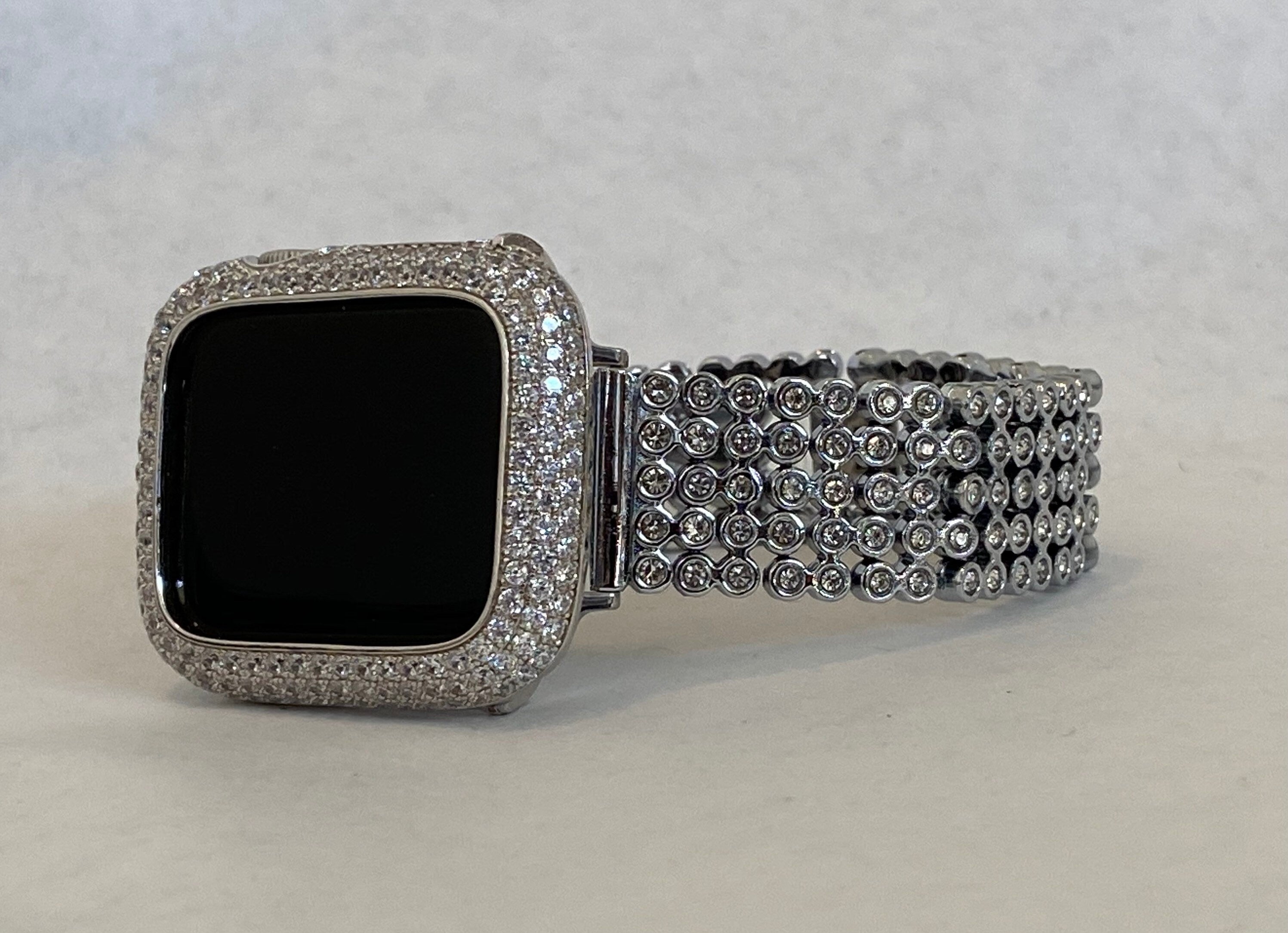 White Gold Apple Watch Band Women Silver & or Lab Diamond Apple Watch Cover Bezel Bling Iwatch Case 38 40 41 42 44 45 49mmm Ultra Series 2-9