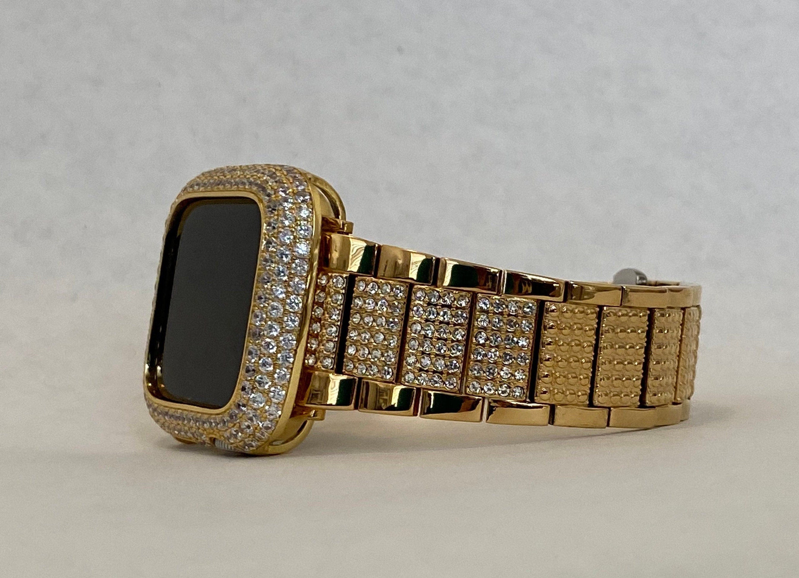 Men's Gold Apple Watch Band 41mm 45mm 49mm Ultra Swarovski Crystals & or Lab Diamond Bezel Cover 38mm 40mm 42mm 44mm Smartwatch Bling