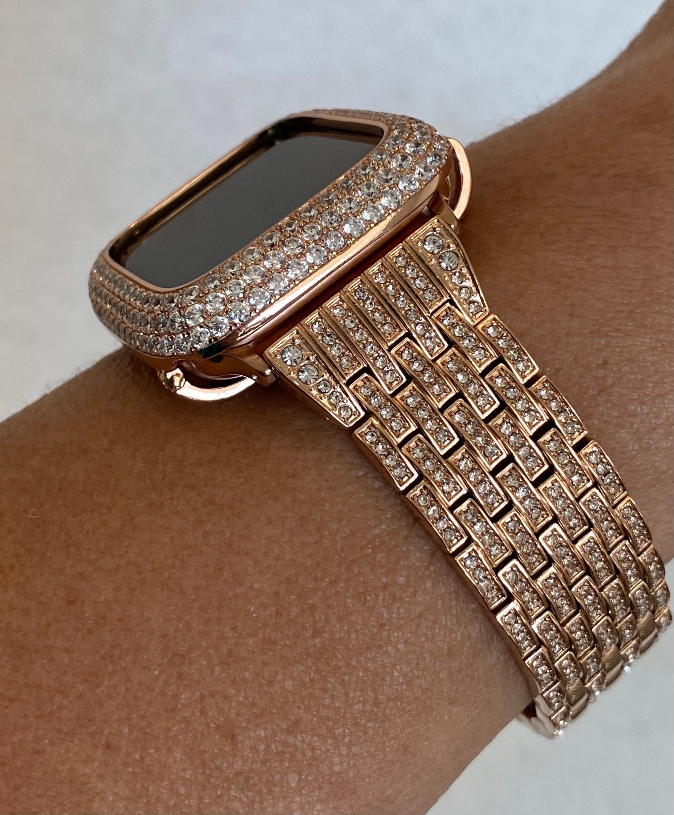 Series 10 Apple Watch Band Stainless Steel Swarovski Crystals & or Rose Gold Apple Watch Cover Lab Diamond Bezel Iwatch Case 38mm-49mm