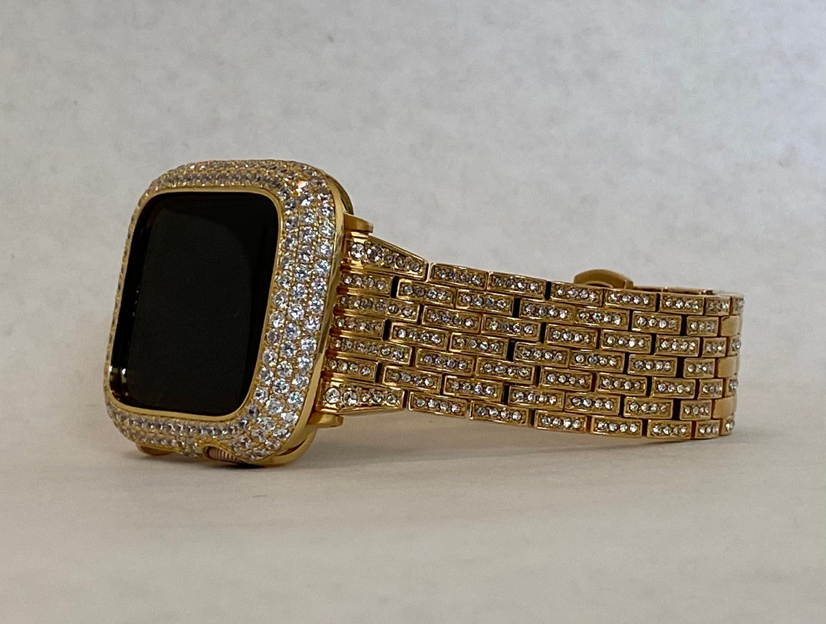 Iced Out Gold Apple Watch Band Stainless Steel Swarovski Crystals for Iphone Watch & or Apple Watch Case Lab Diamonds 38mm-49mm Ultra Bling