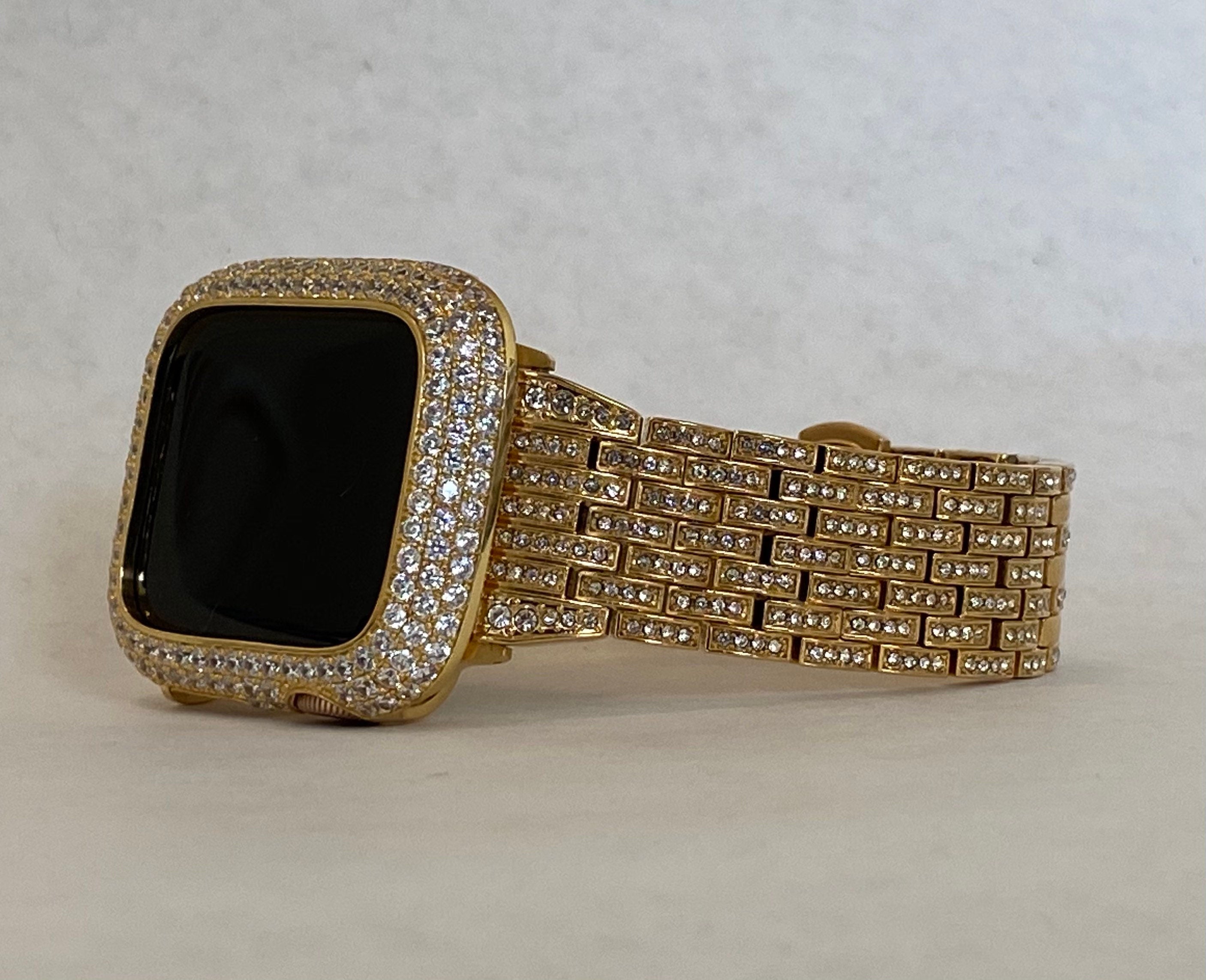 Iced Out Gold Apple Watch Band Stainless Steel Swarovski Crystal & or Apple Watch Case Pave Lab Diamonds 38mm-49mm Ultra Series 10-11