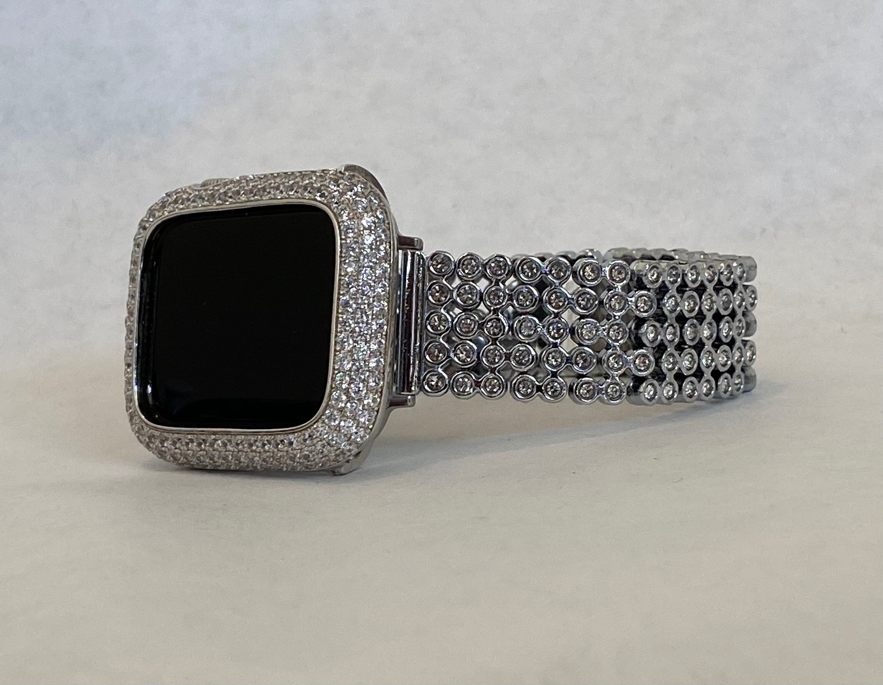 White Gold Apple Watch Band Women Silver & or Lab Diamond Apple Watch Cover Bezel Bling Iwatch Case 38 40 41 42 44 45 49mmm Ultra Series 2-9