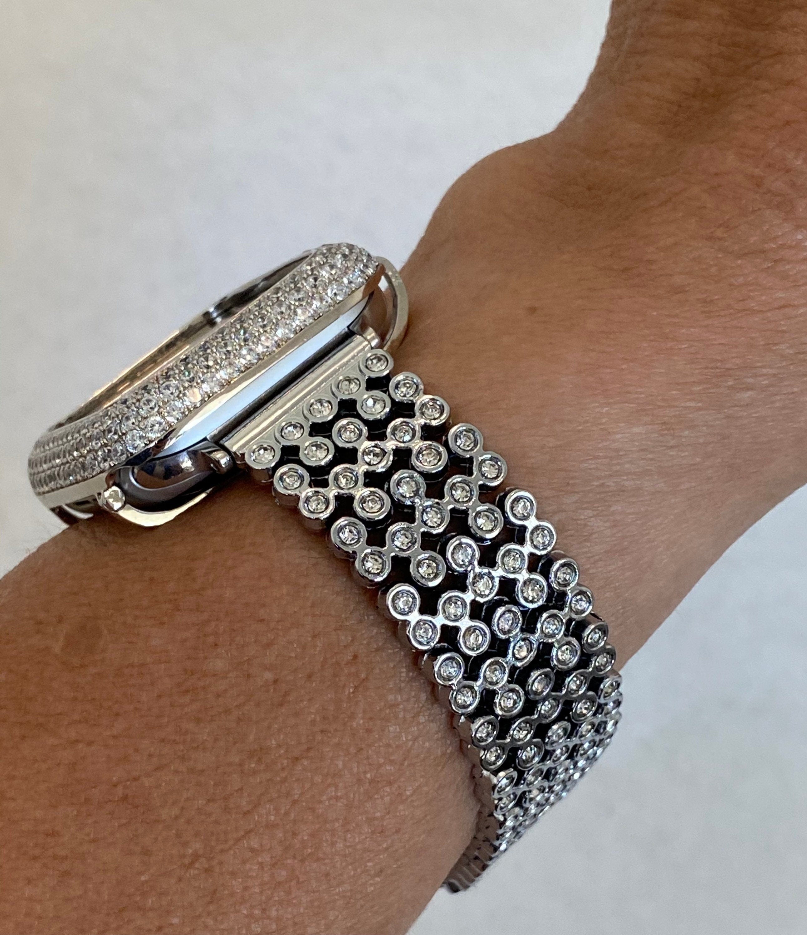White Gold Apple Watch Band Women Silver & or Lab Diamond Apple Watch Cover Bezel Bling Iwatch Case 38 40 41 42 44 45 49mmm Ultra Series 2-9